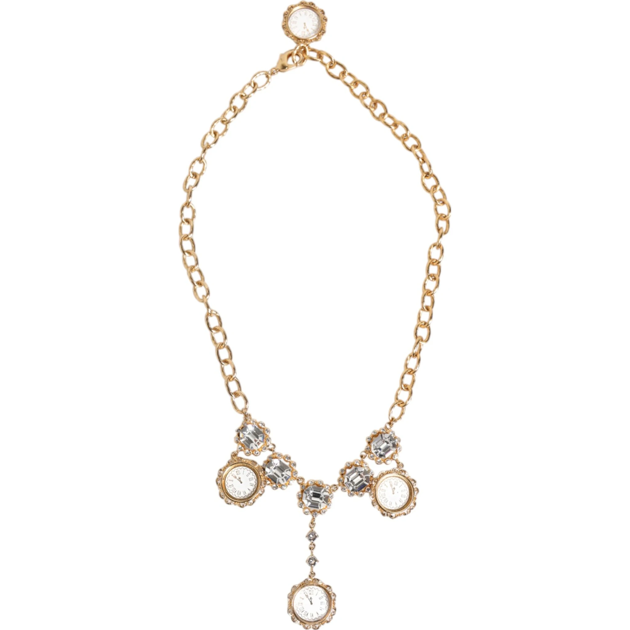 Gold Crystal Clock Face Pendant Statement Jewelry Necklace