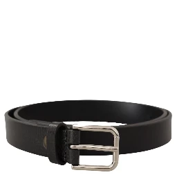 Calf Leather Silver Tone Black Metal Buckle Belt