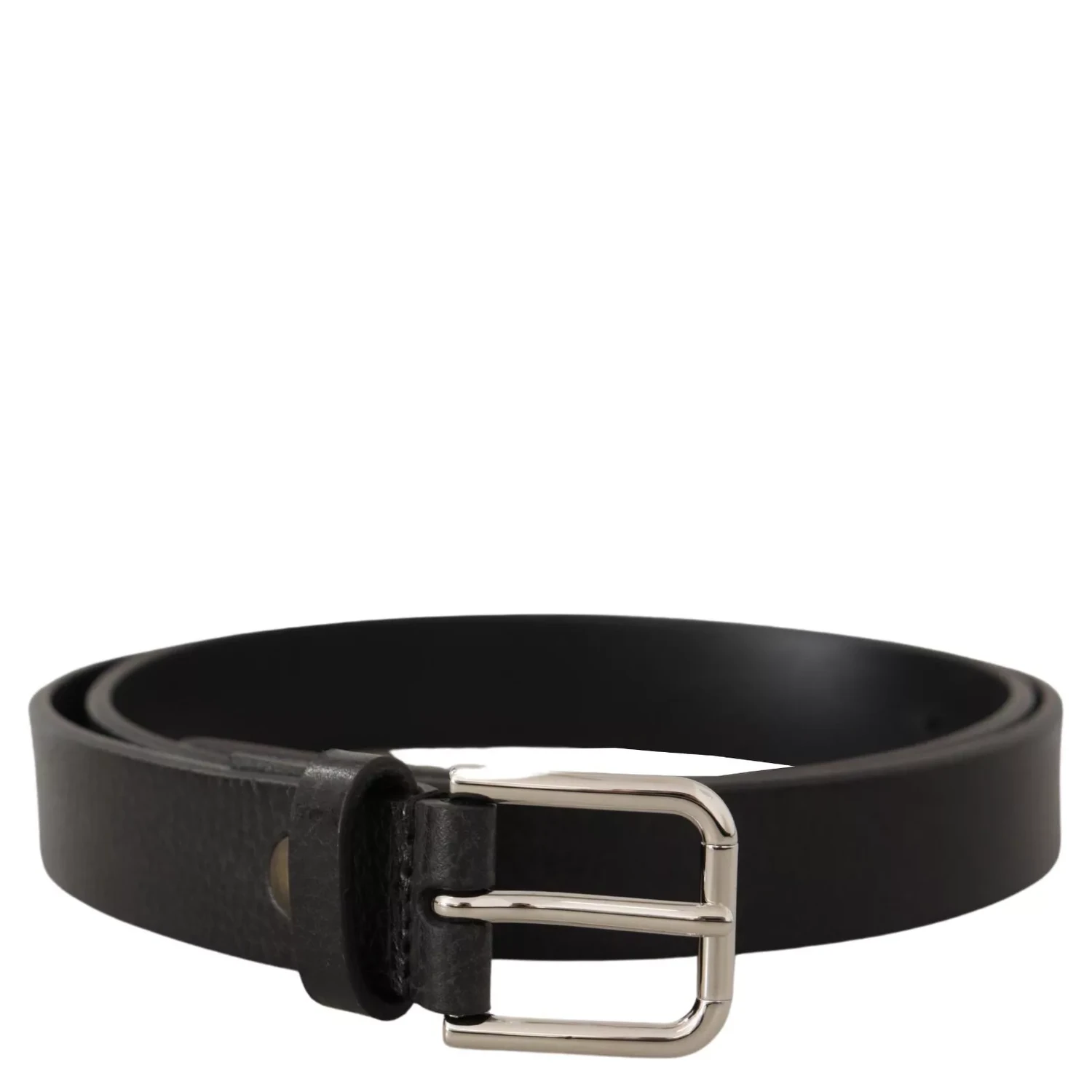 Calf Leather Silver Tone Black Metal Buckle Belt