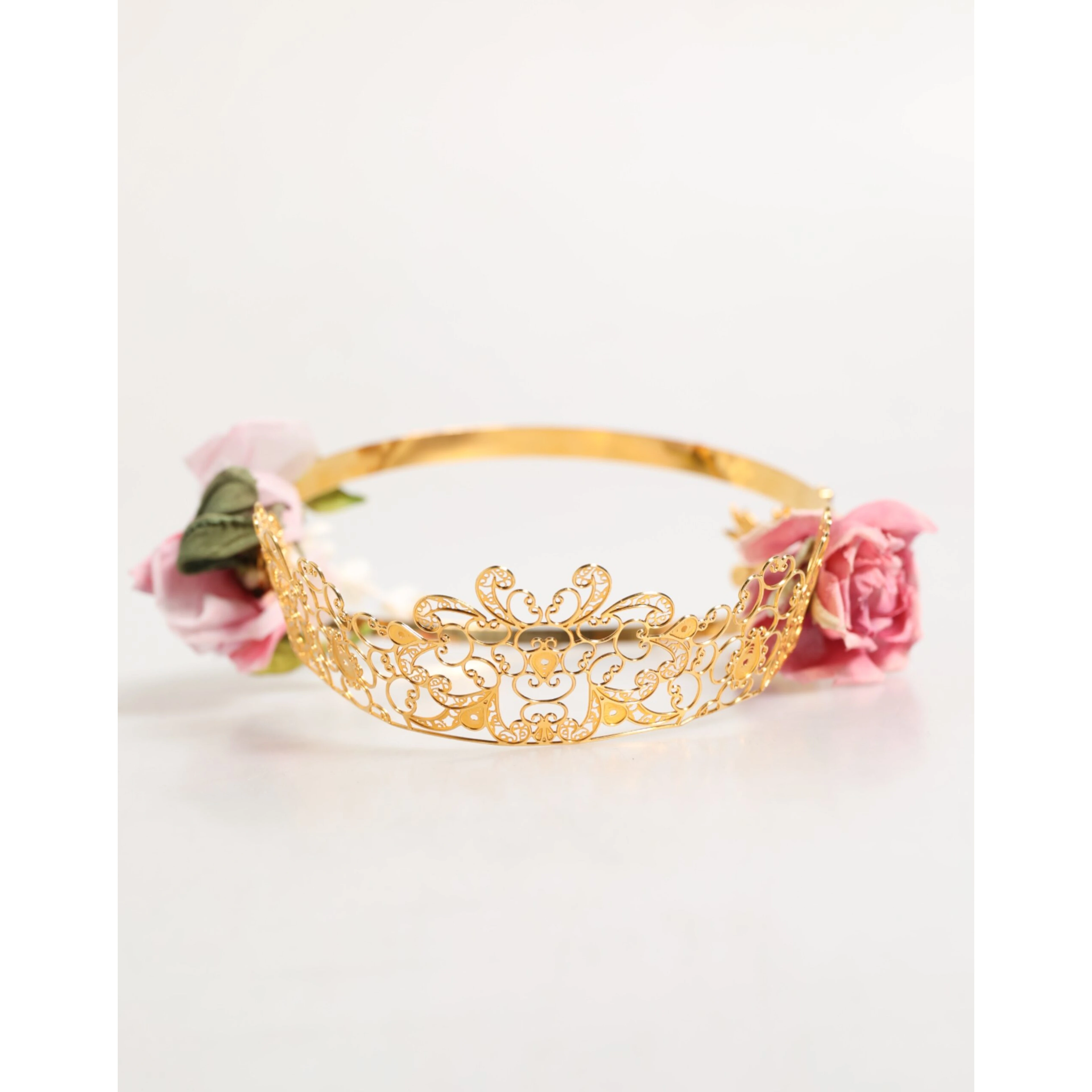 Gold Floral Tiara Pink Roses Crystal Crown Headband