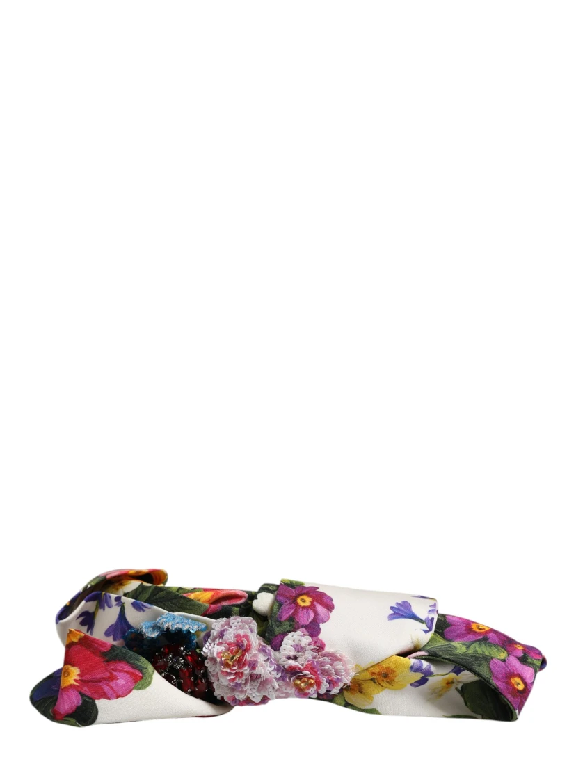 White Multicolor Floral Silk Bow Crystal Embellished Headband