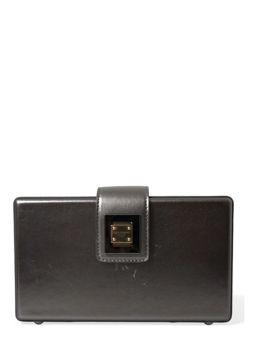 Steel Gray Leather Box Shape Shoulder Gold DG Logo Plaque Bag