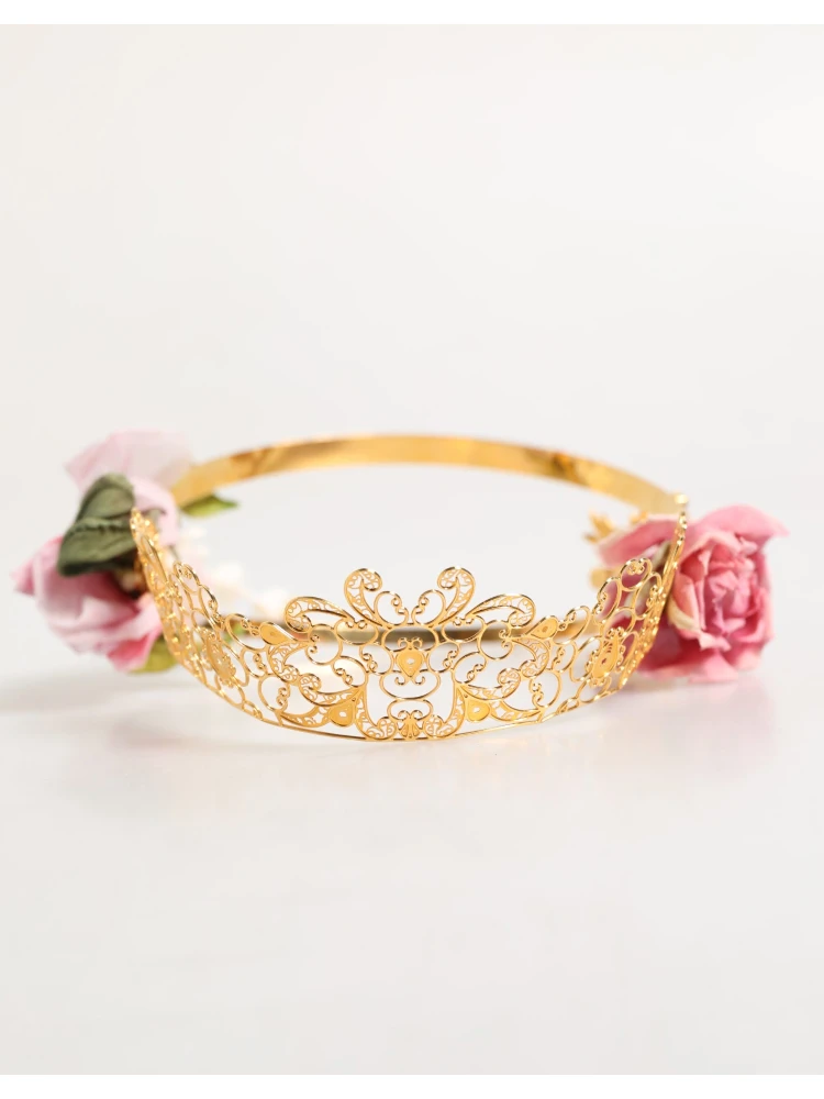 Gold Floral Tiara Pink Roses Crystal Crown Headband alternative
