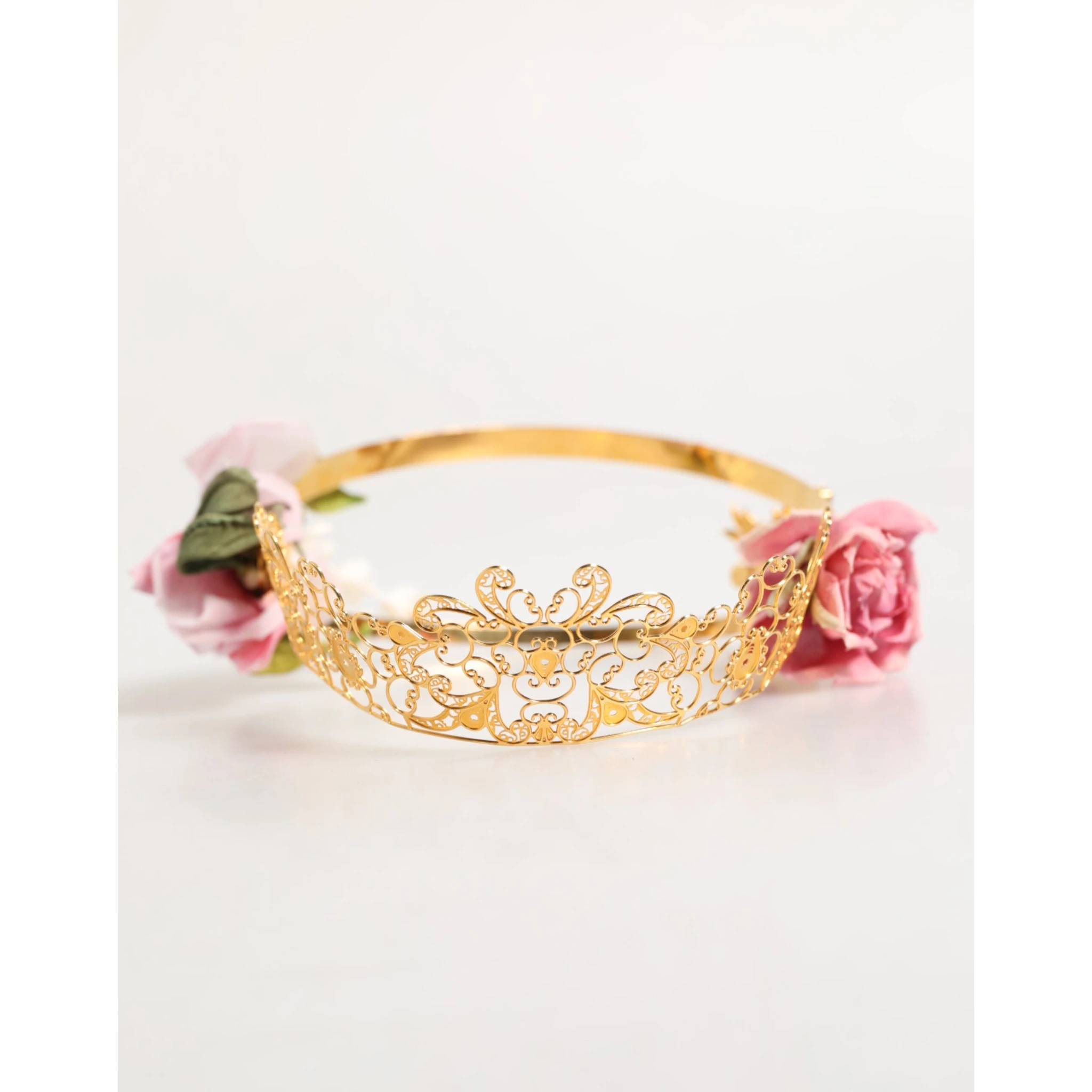 Gold Floral Tiara Pink Roses Crystal Crown Headband