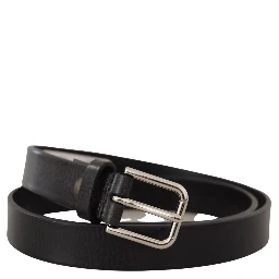 Calf Leather Silver Tone Black Metal Buckle Belt