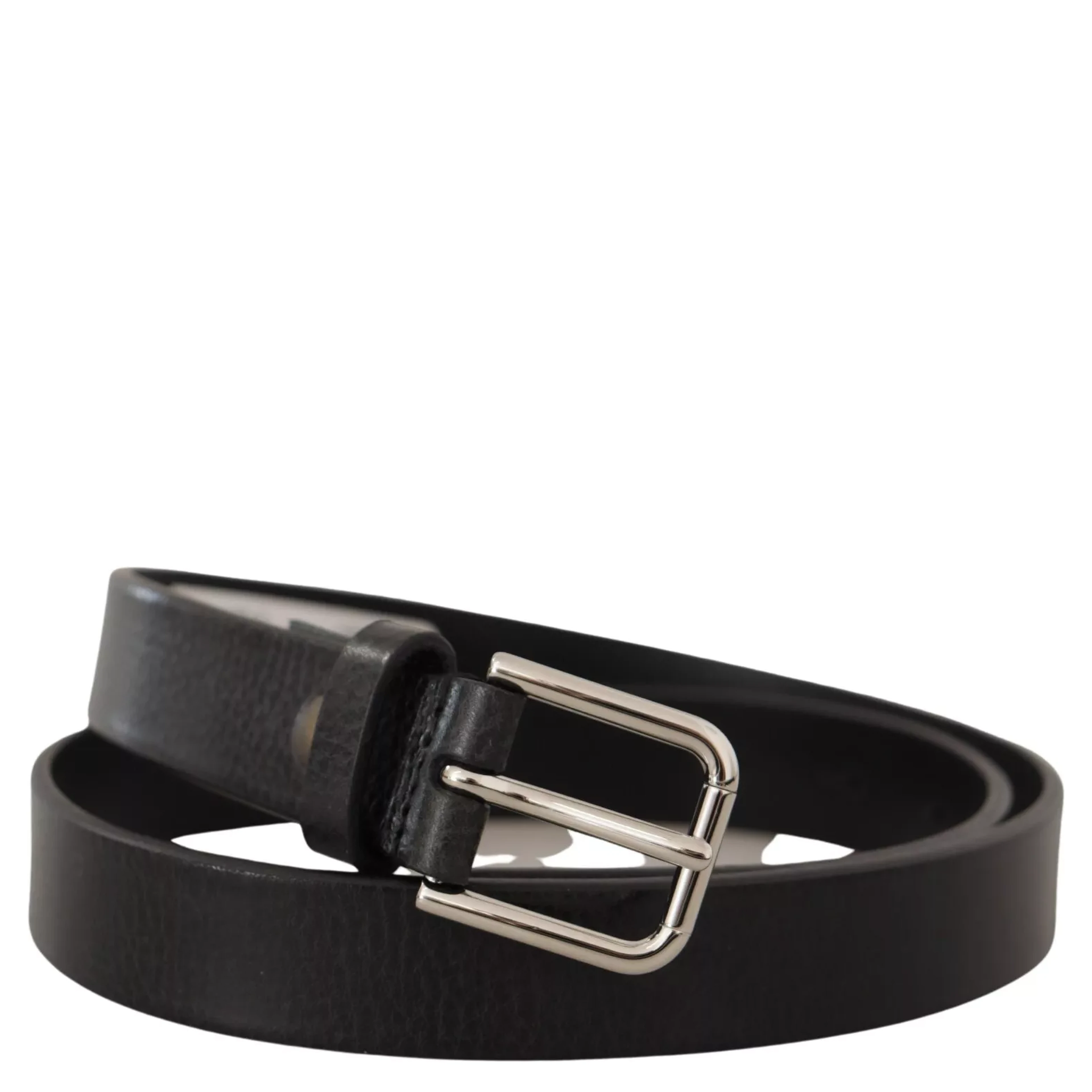 Calf Leather Silver Tone Black Metal Buckle Belt