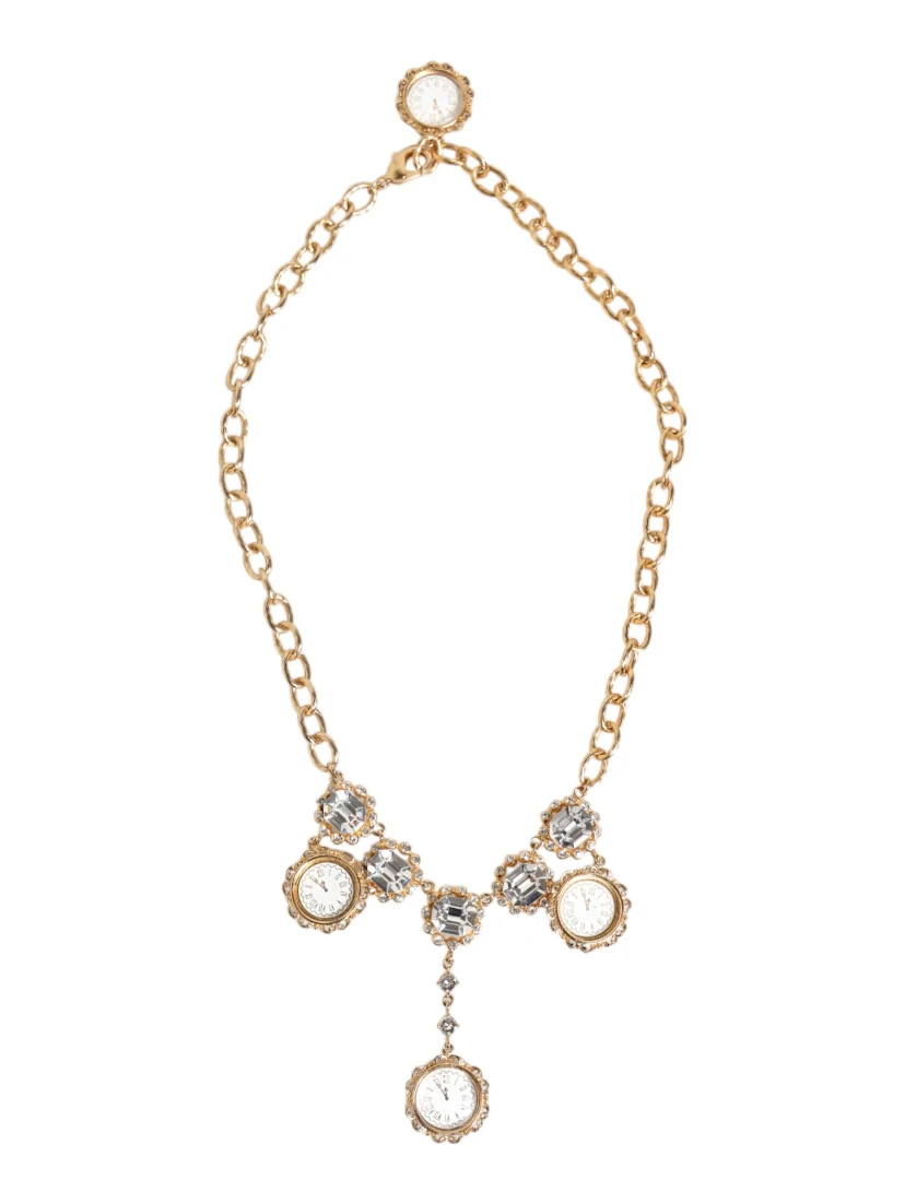 Gold Crystal Clock Face Pendant Statement Jewelry Necklace