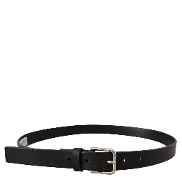 Calf Leather Silver Tone Black Metal Buckle Belt