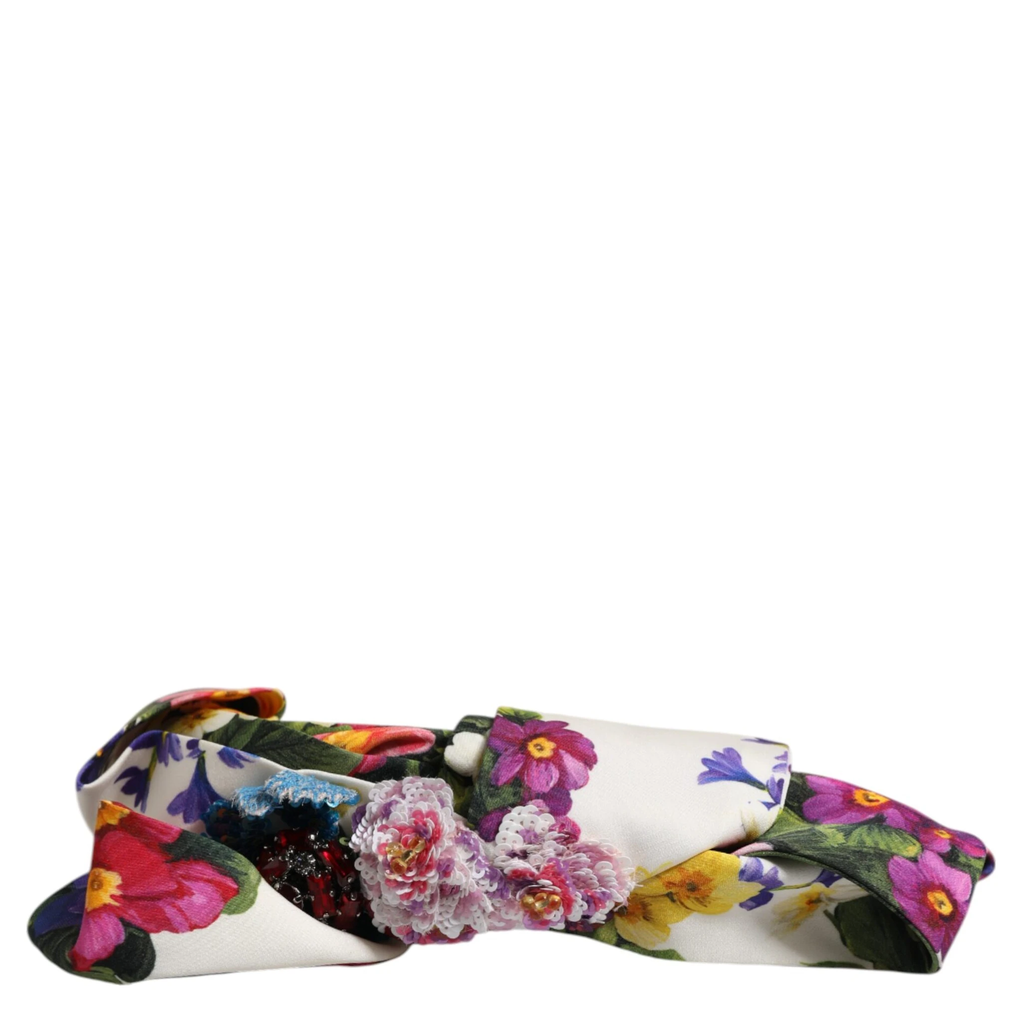 White Multicolor Floral Silk Bow Crystal Embellished Headband