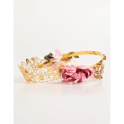 Gold Floral Tiara Pink Roses Crystal Crown Headband