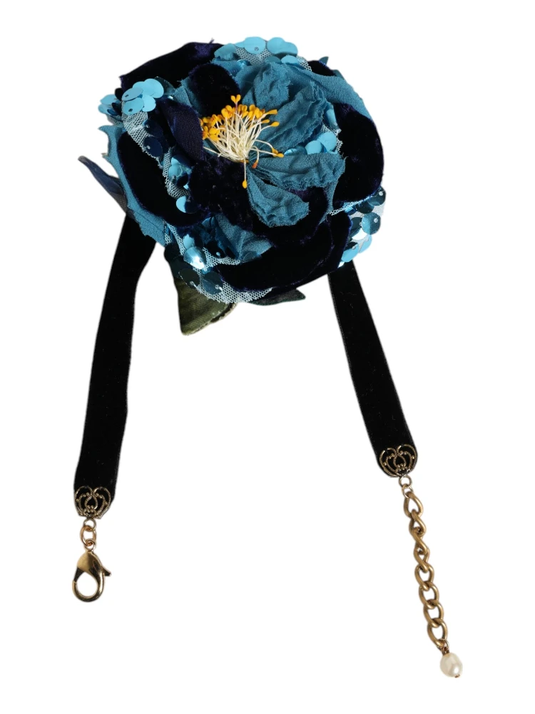 Blue Floral Appliqué Velvet Choker Crystal Beads Necklace