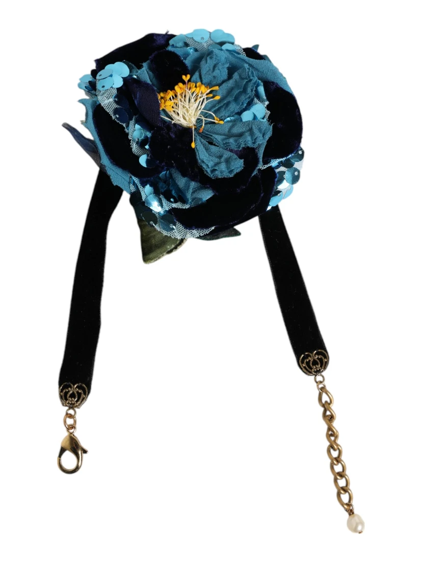 Blue Floral Appliqué Velvet Choker Crystal Beads Necklace
