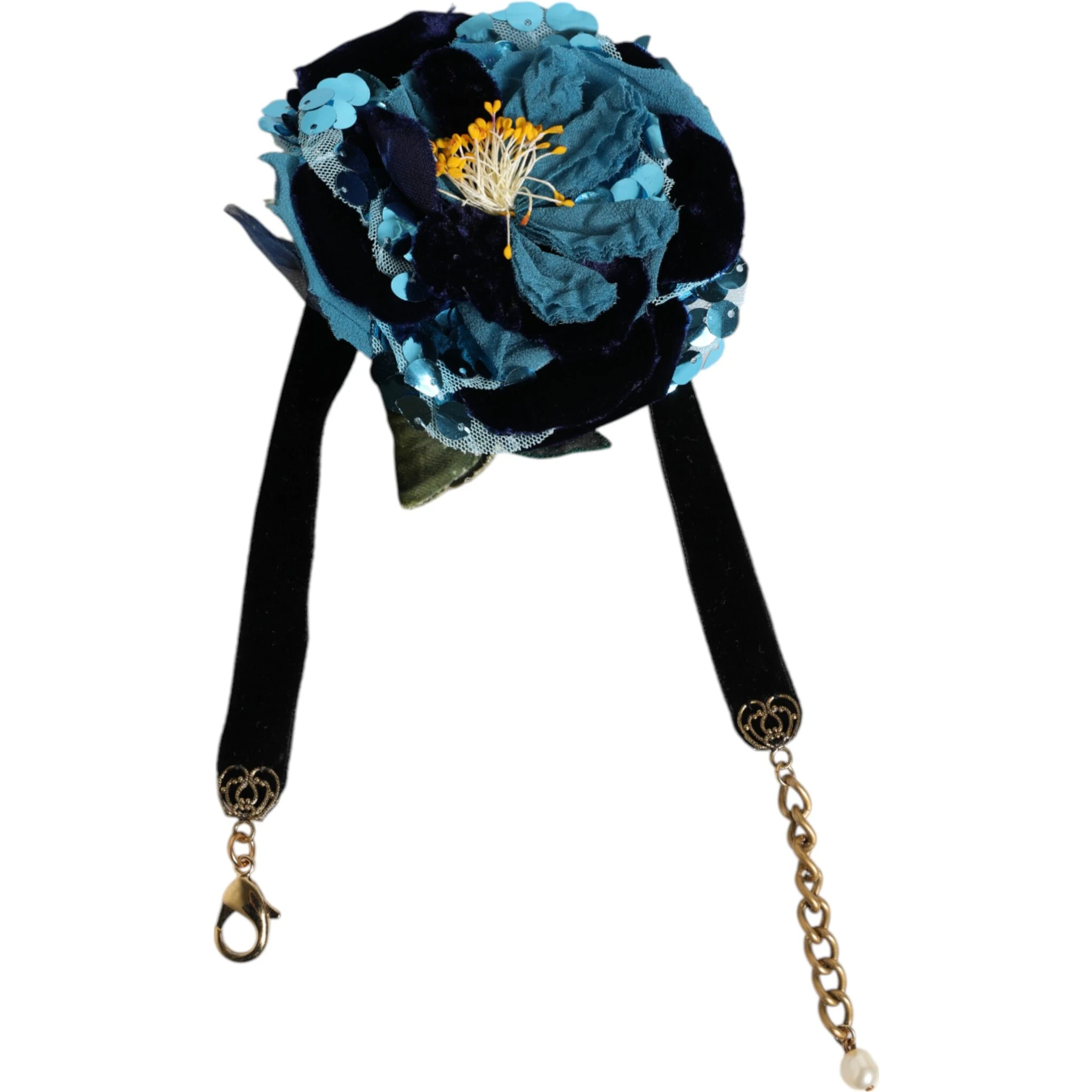 Blue Floral Appliqué Velvet Choker Crystal Beads Necklace