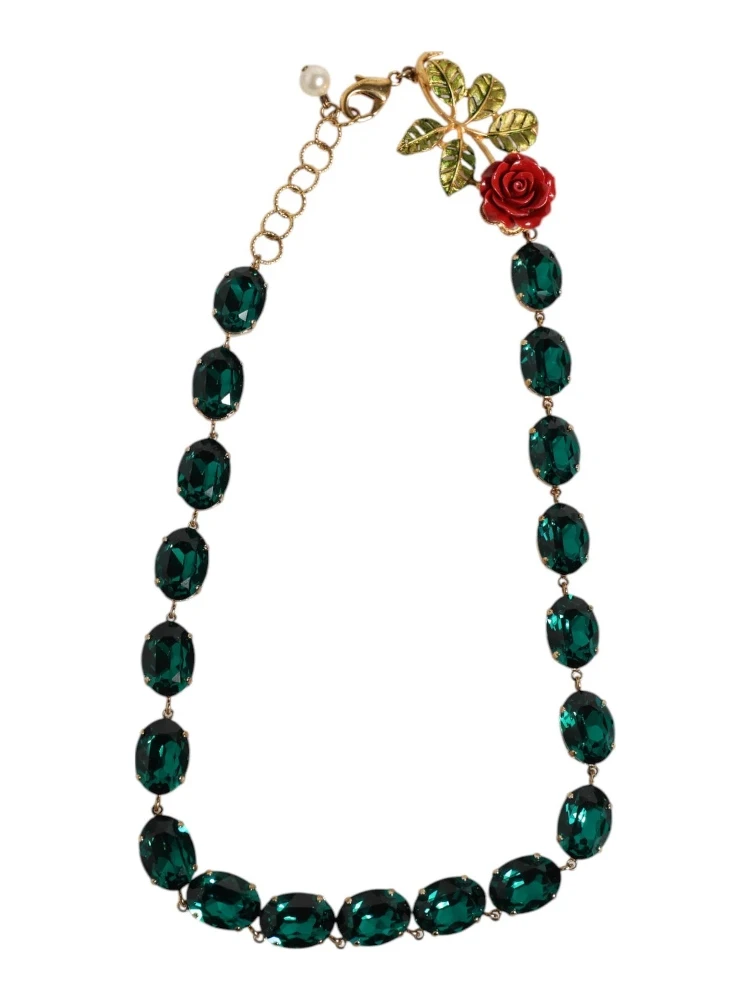 Red Rose Green Crystal Gold-Tone Chain Necklace