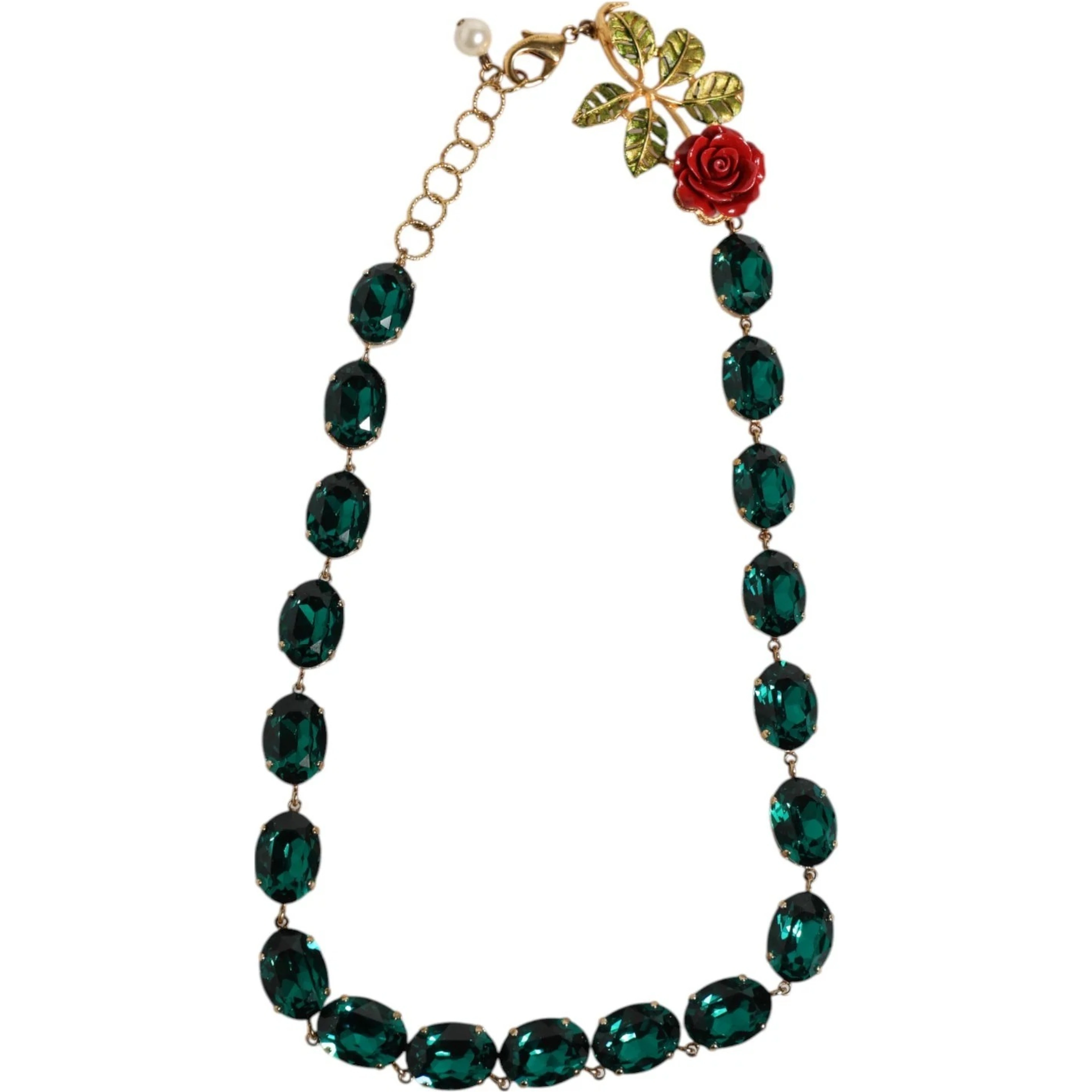 Red Rose Green Crystal Gold-Tone Chain Necklace