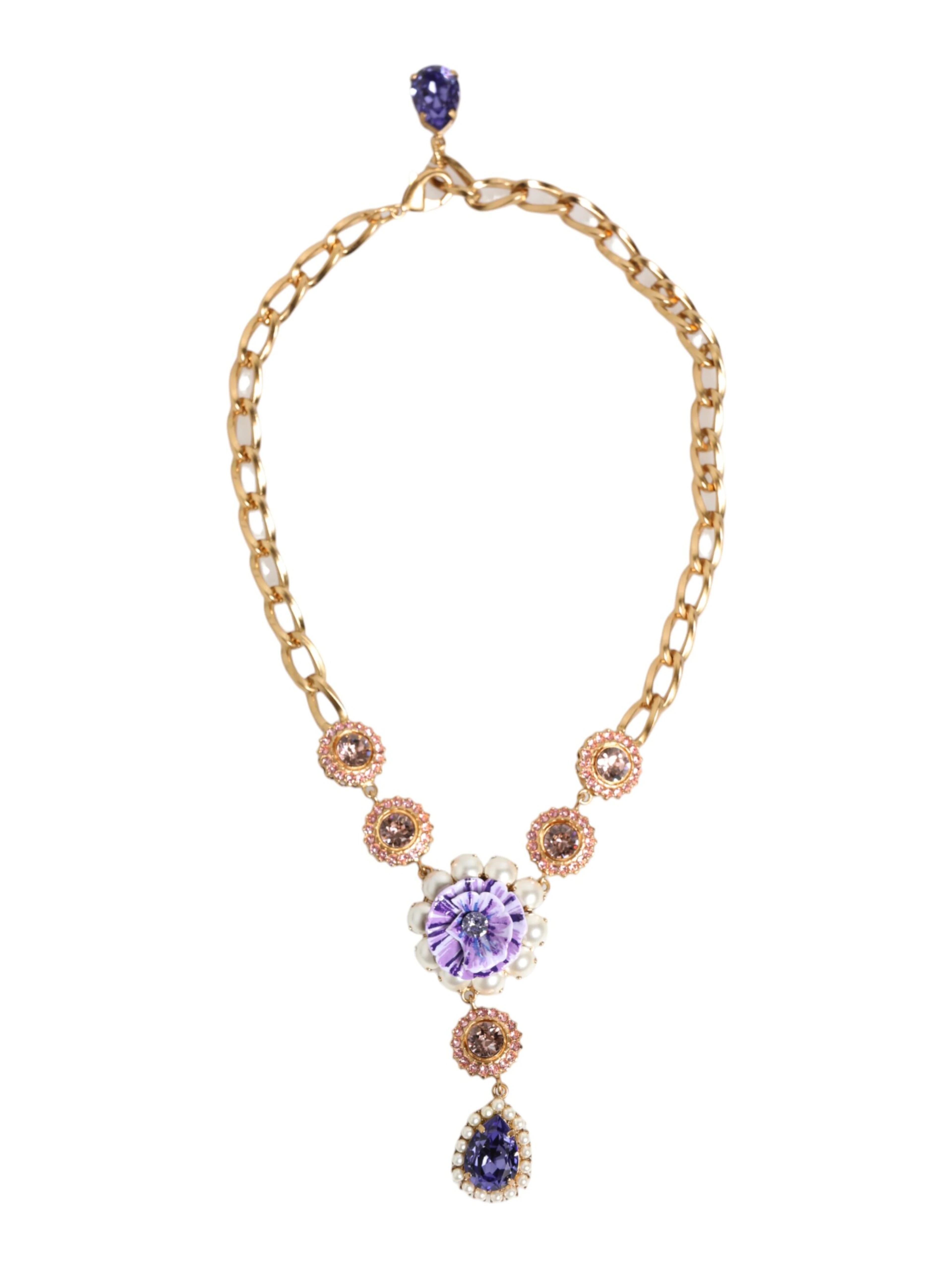 Gold Brass Crystal Pearl Purple Floral Pendant Jewelry Necklace