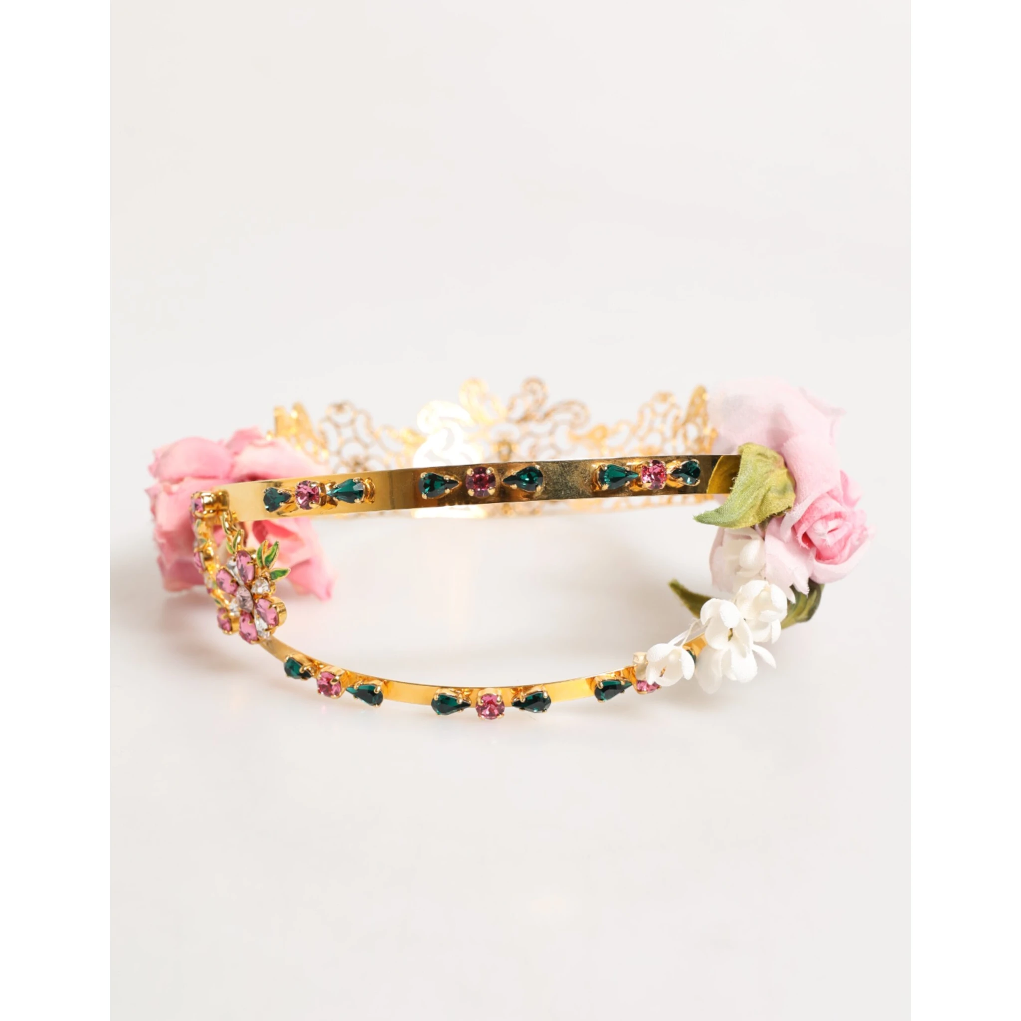 Gold Floral Tiara Pink Roses Crystal Crown Headband