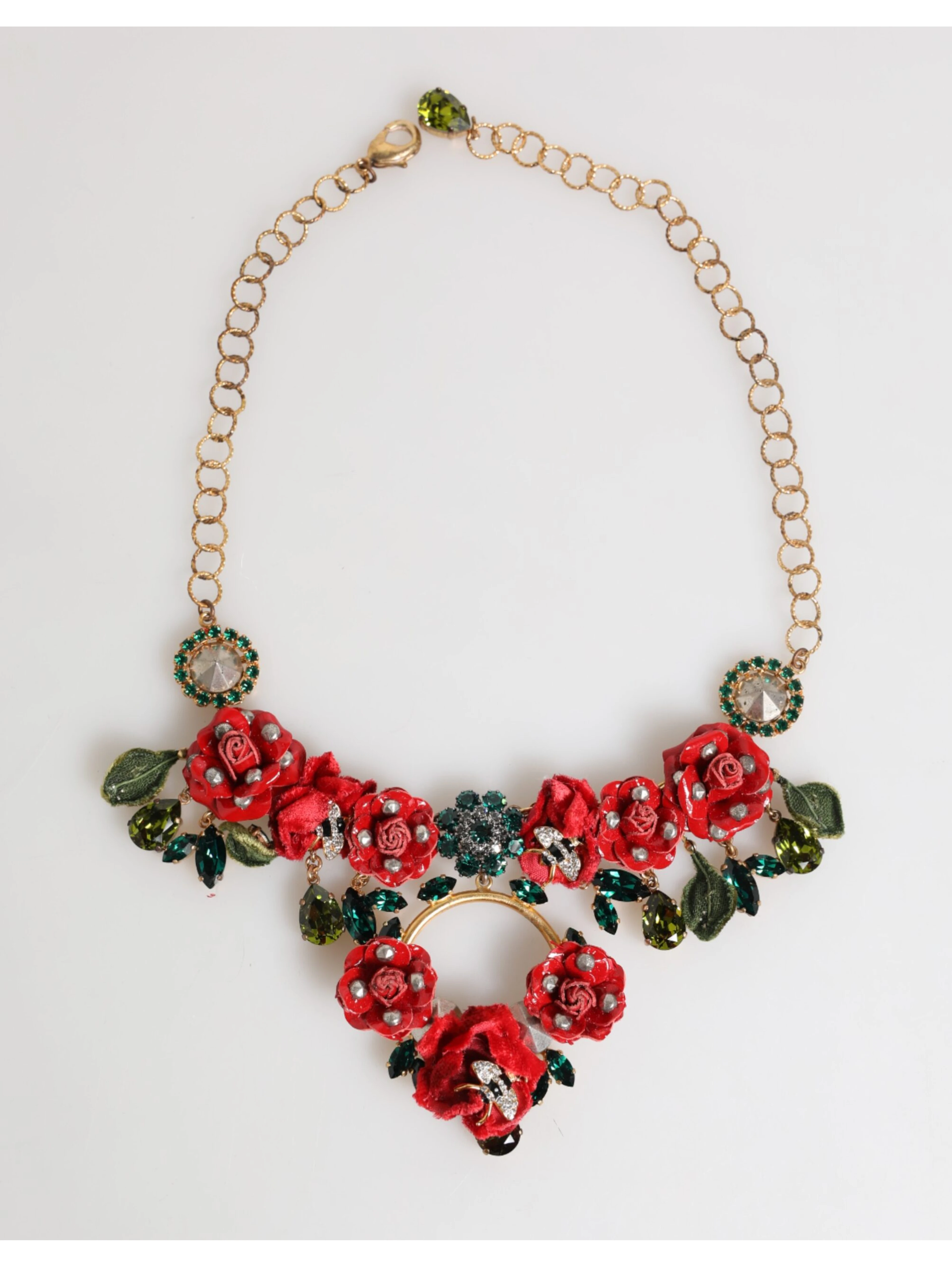 Red Rose Floral Crystal Embellished Statement Jewelry Necklace