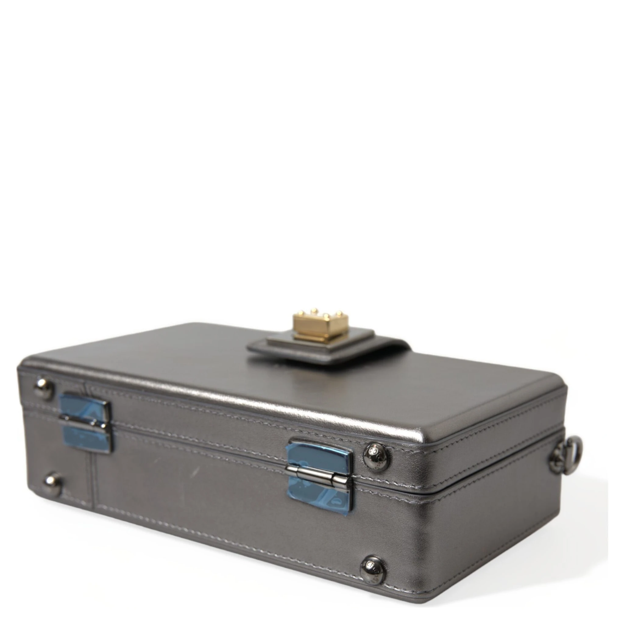 Steel Gray Leather Box Shape Shoulder Gold DG Logo Plaque Bag