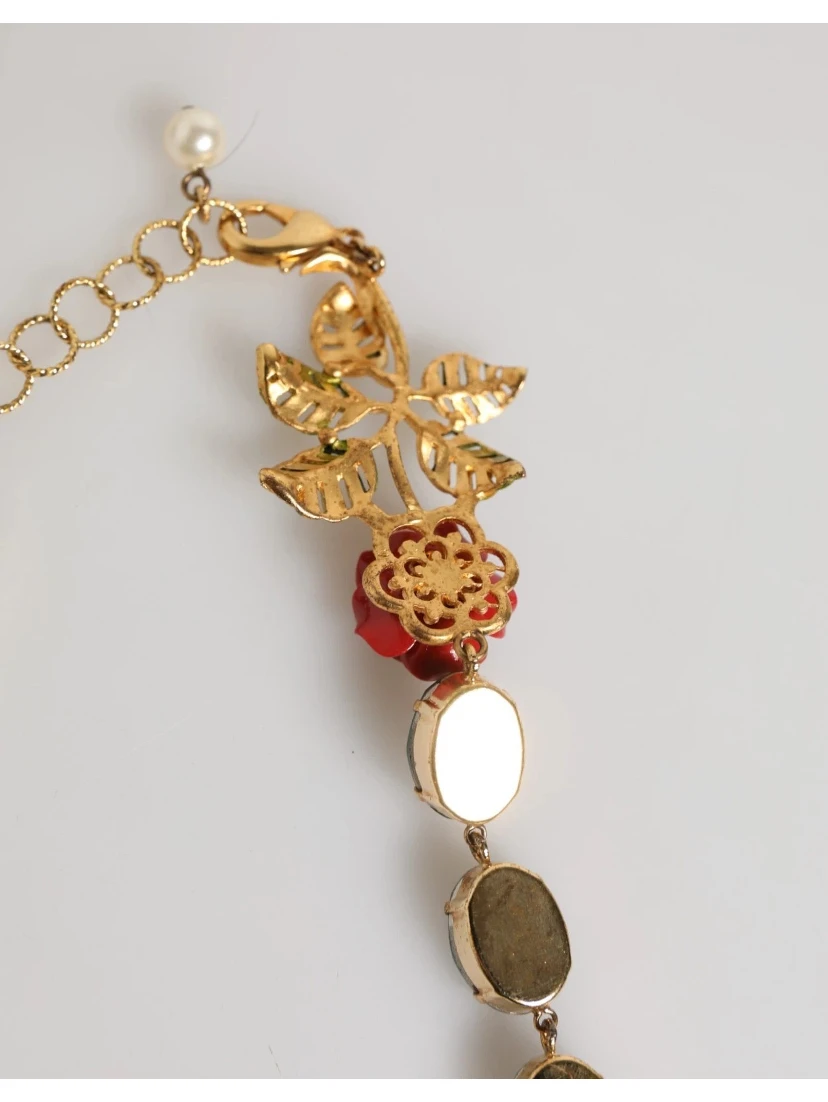 Red Rose Green Crystal Gold-Tone Chain Necklace