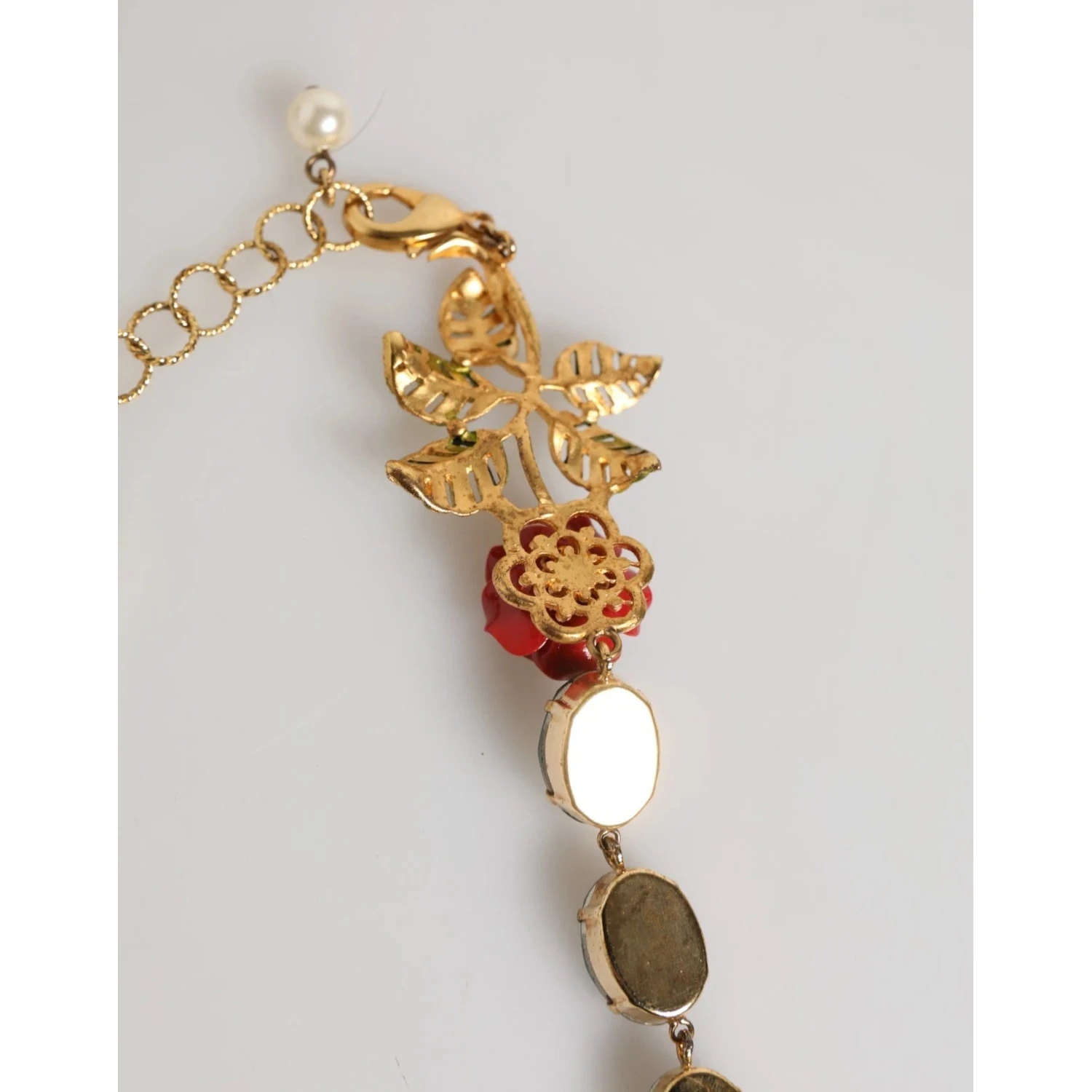 Red Rose Green Crystal Gold-Tone Chain Necklace
