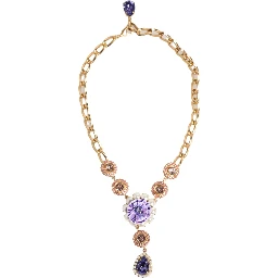Gold Brass Crystal Pearl Purple Floral Pendant Jewelry Necklace