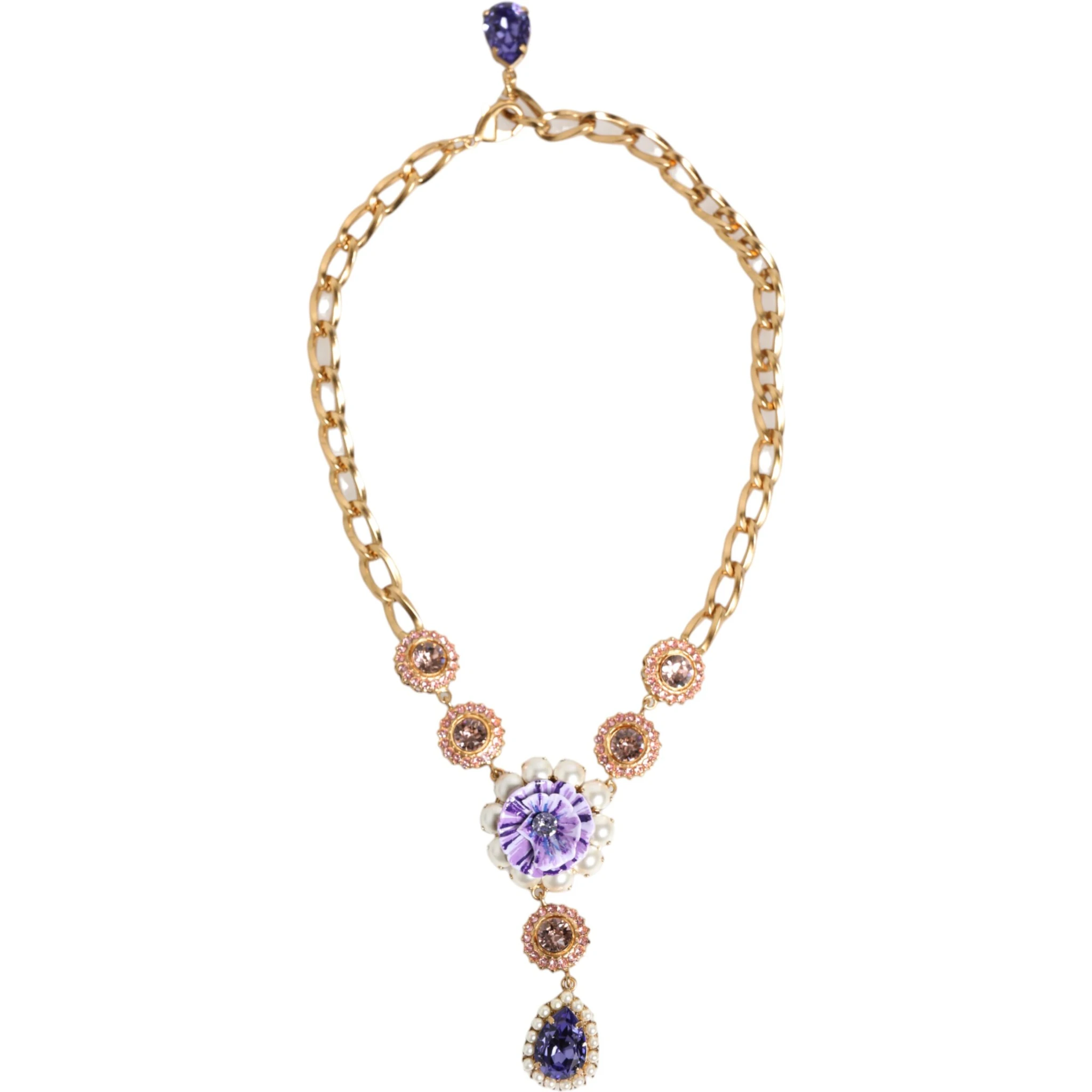 Gold Brass Crystal Pearl Purple Floral Pendant Jewelry Necklace