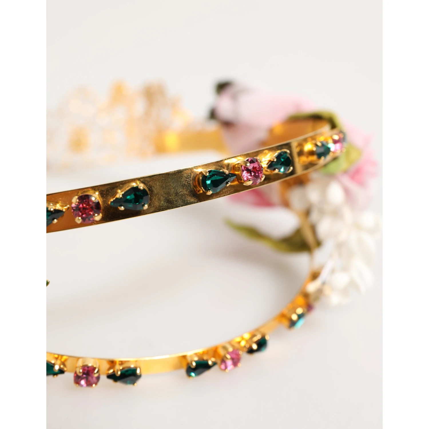 Gold Floral Tiara Pink Roses Crystal Crown Headband