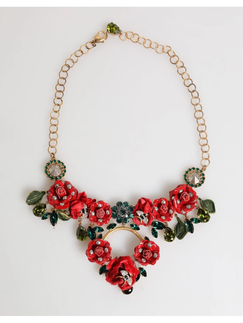 Red Rose Floral Crystal Embellished Statement Jewelry Necklace