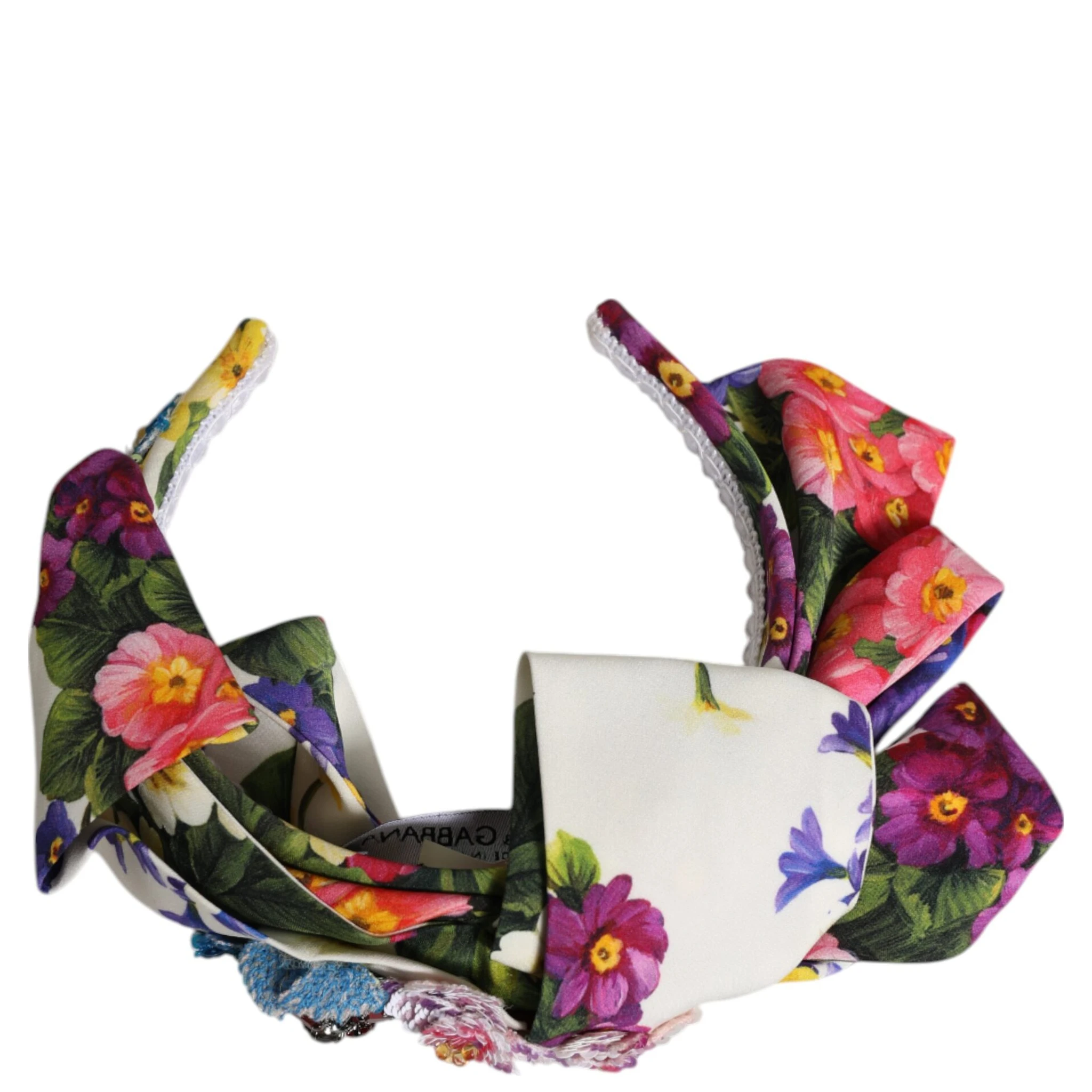 White Multicolor Floral Silk Bow Crystal Embellished Headband