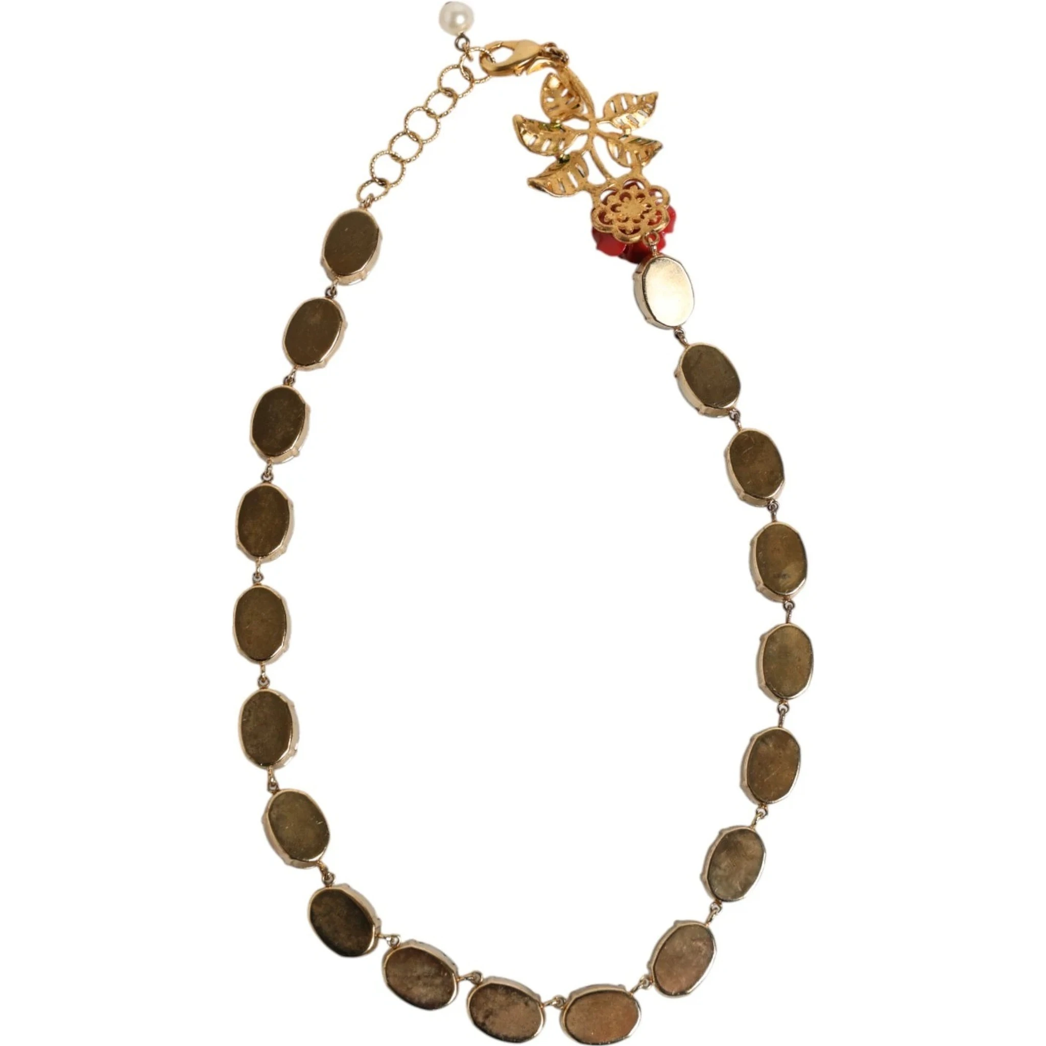 Red Rose Green Crystal Gold-Tone Chain Necklace