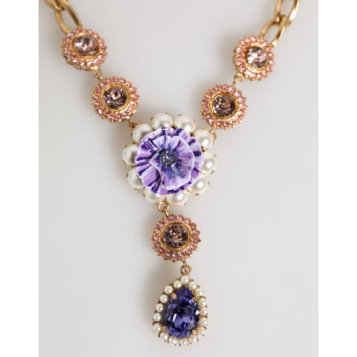 Gold Brass Crystal Pearl Purple Floral Pendant Jewelry Necklace