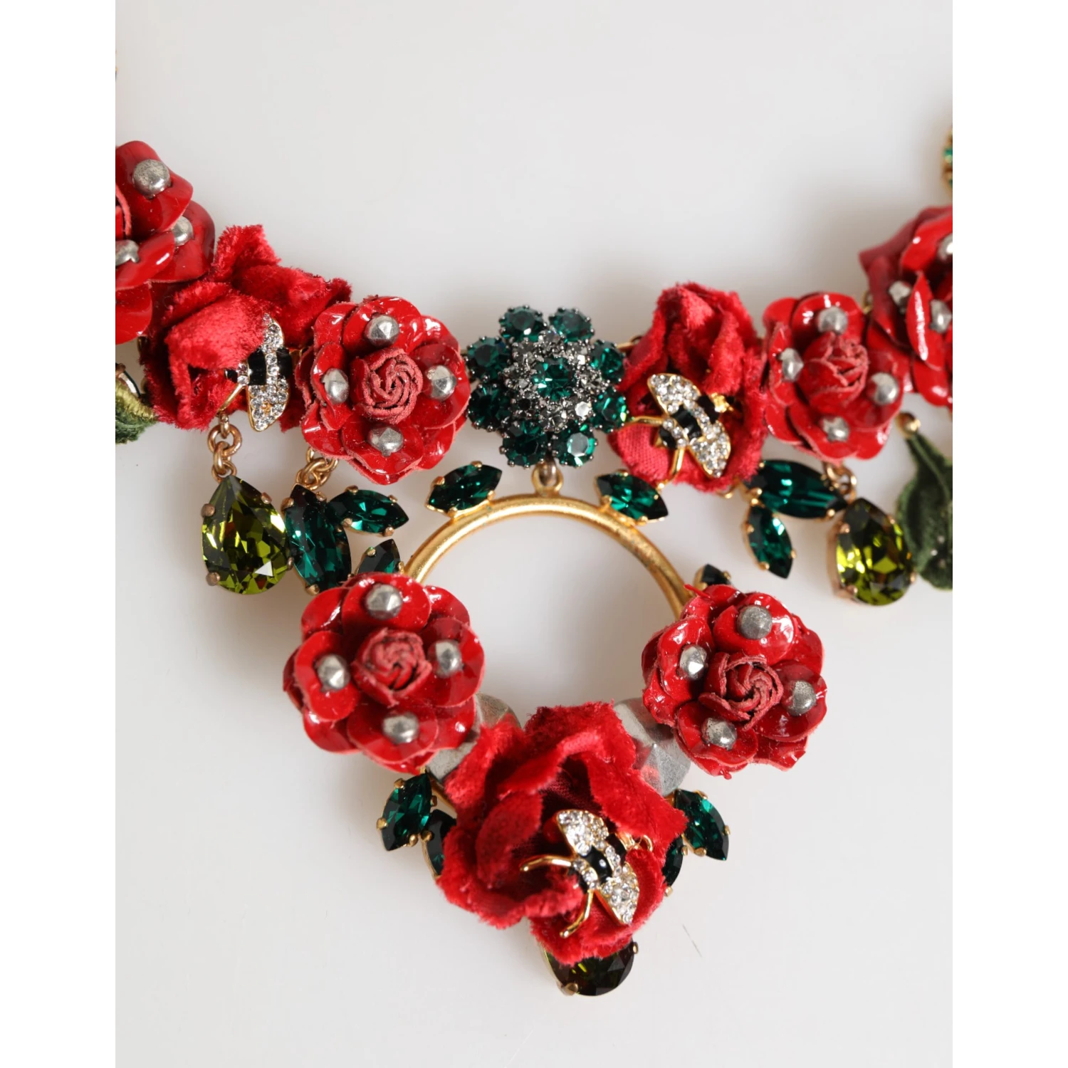 Red Rose Floral Crystal Embellished Statement Jewelry Necklace