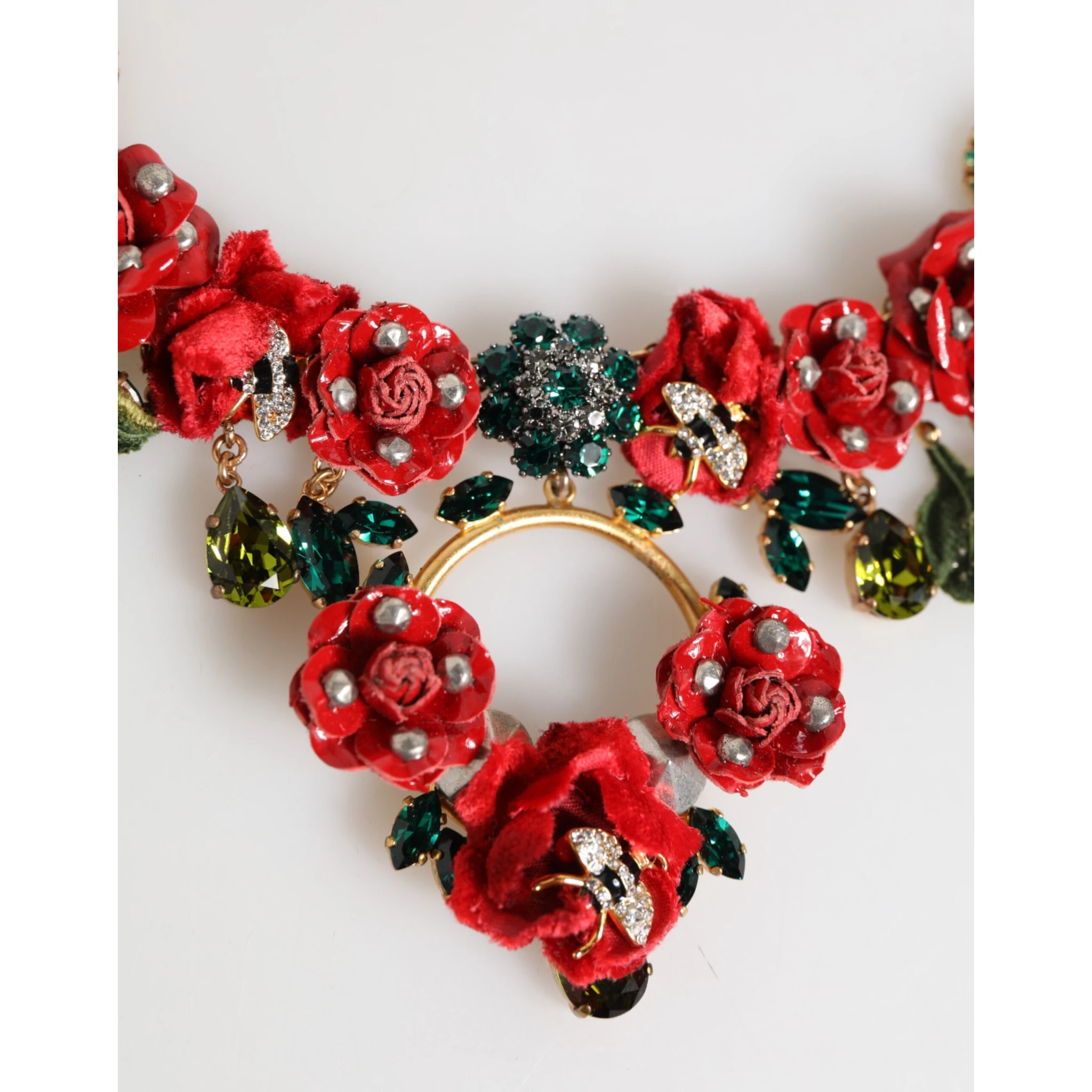 Red Rose Floral Crystal Embellished Statement Jewelry Necklace