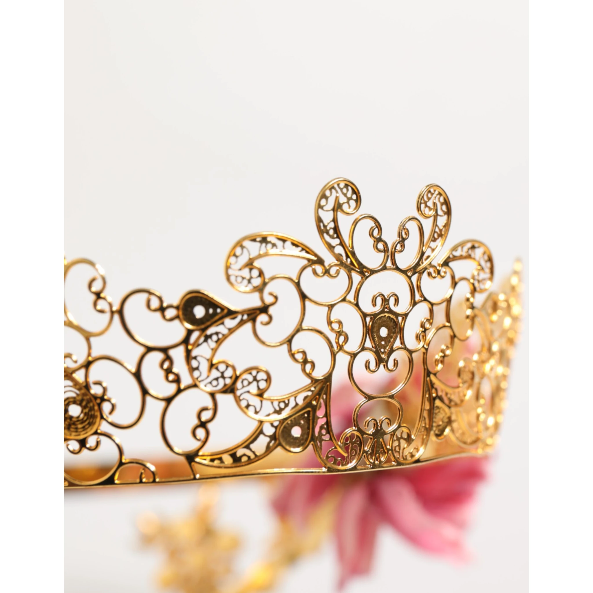 Gold Floral Tiara Pink Roses Crystal Crown Headband
