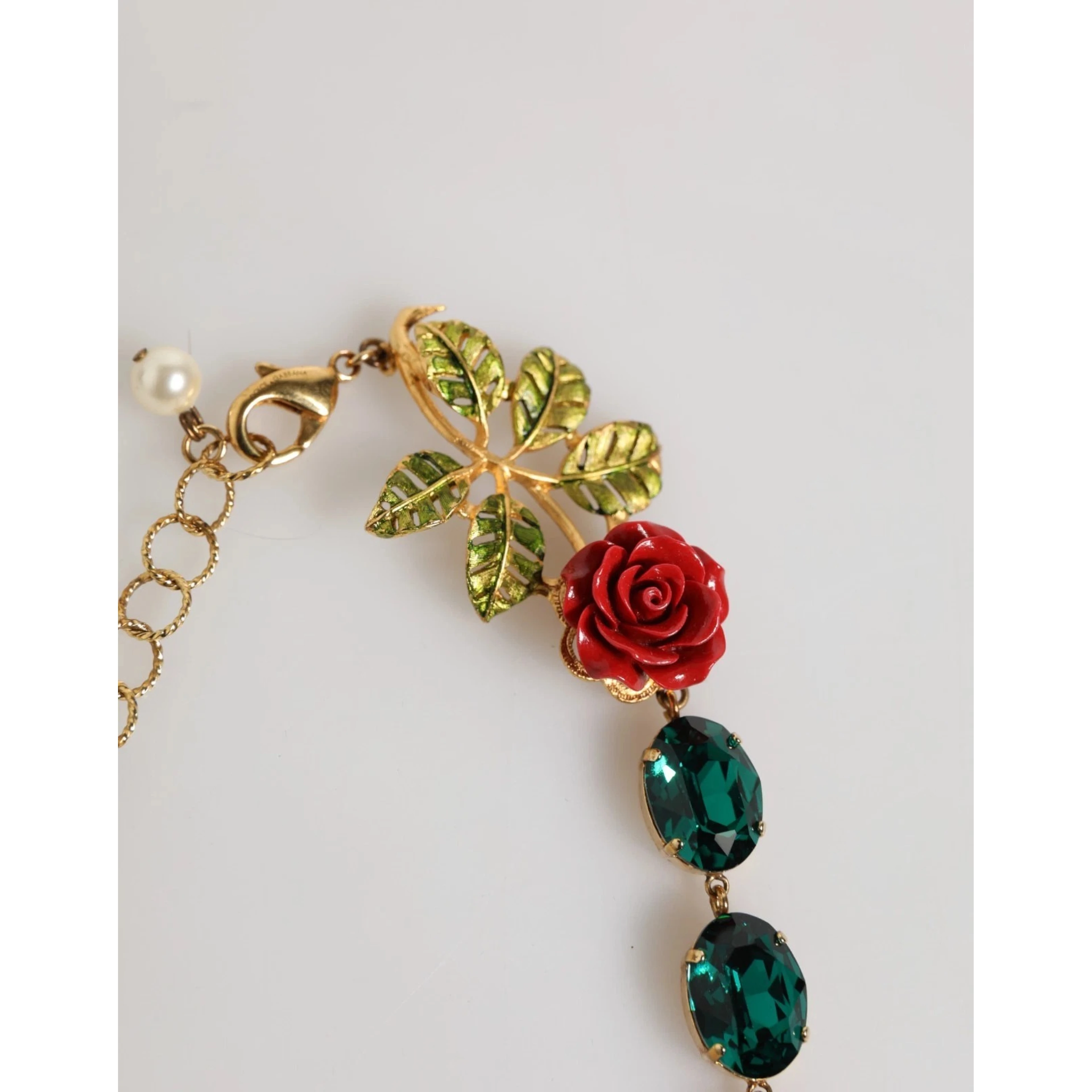 Red Rose Green Crystal Gold-Tone Chain Necklace
