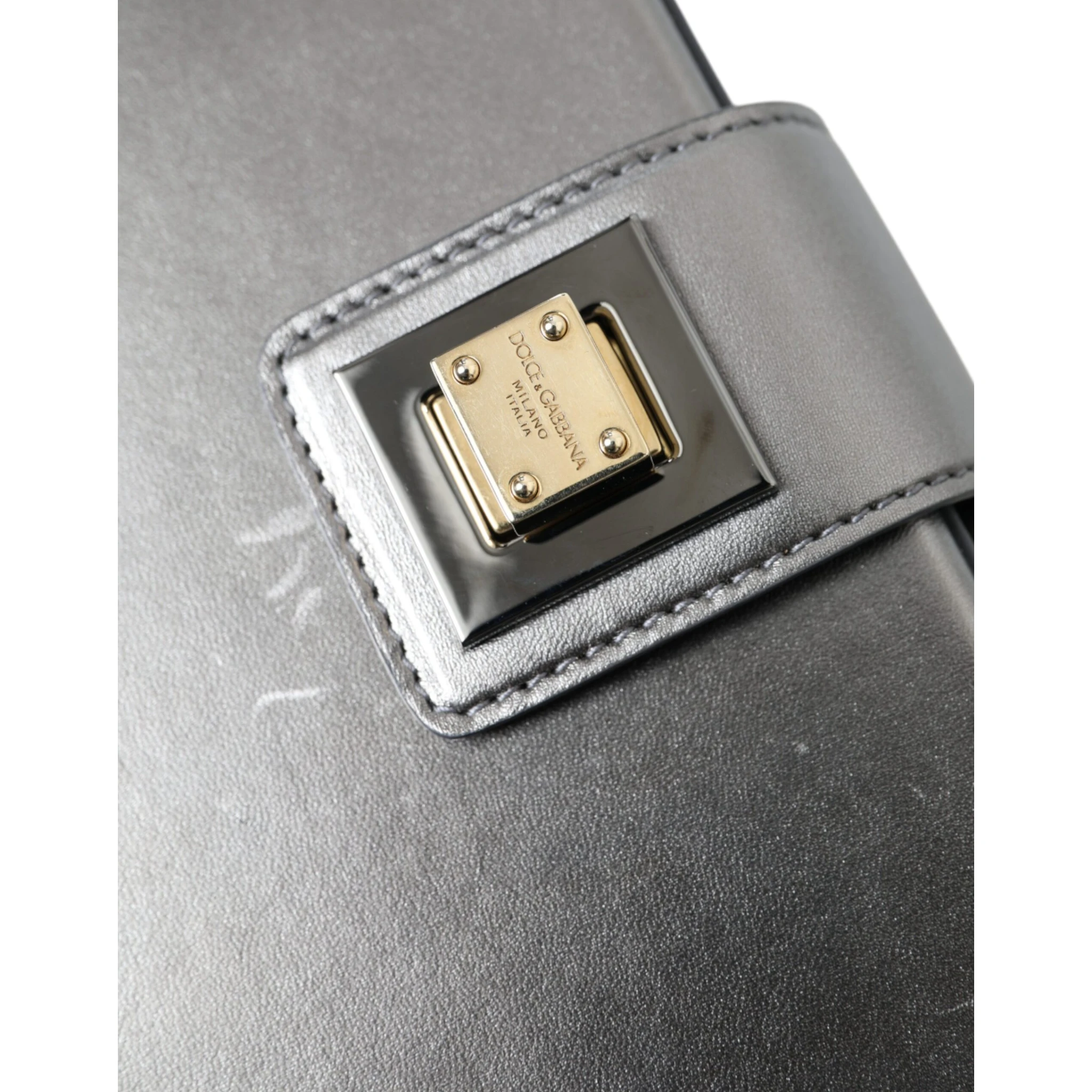 Steel Gray Leather Box Shape Shoulder Gold DG Logo Plaque Bag