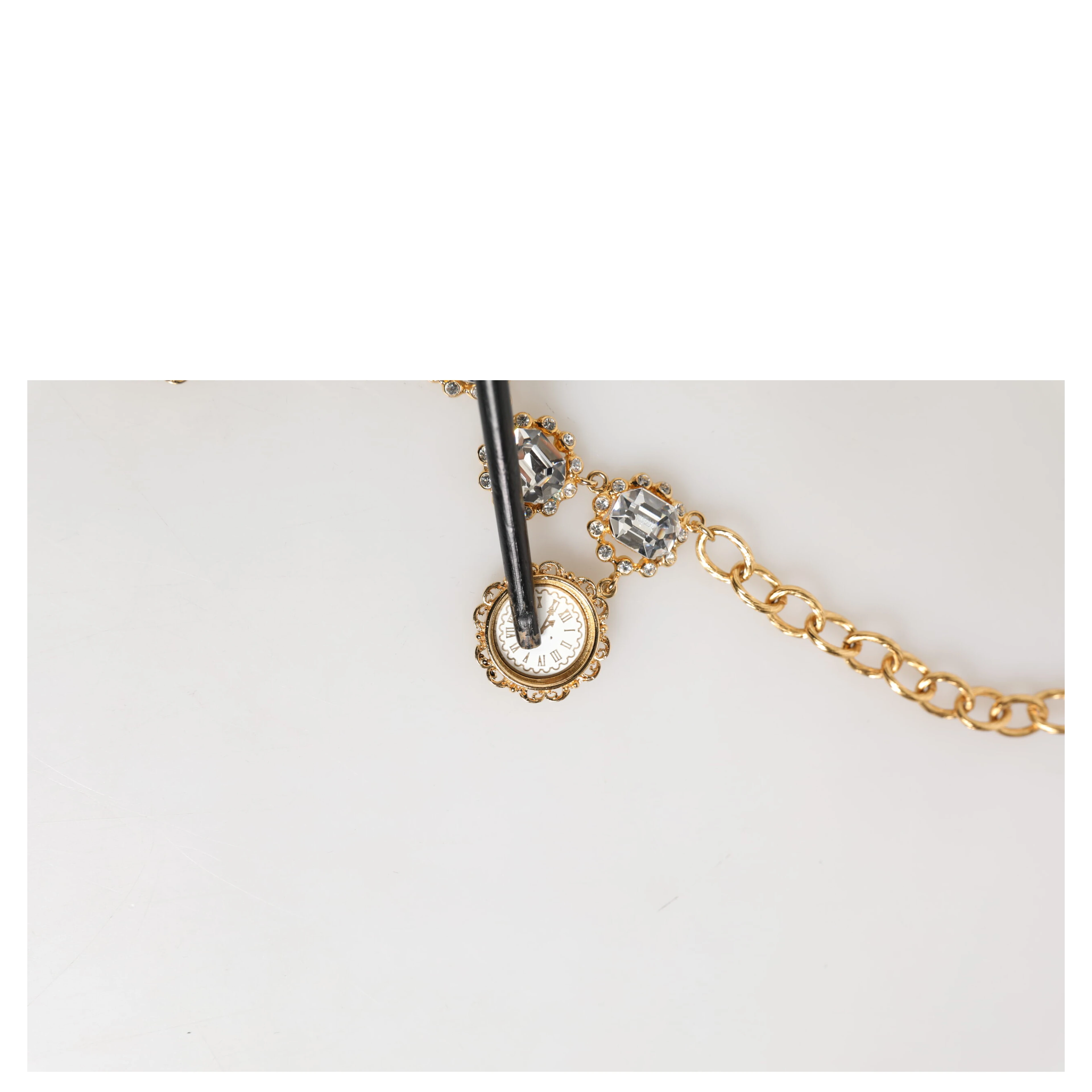 Gold Crystal Clock Face Pendant Statement Jewelry Necklace
