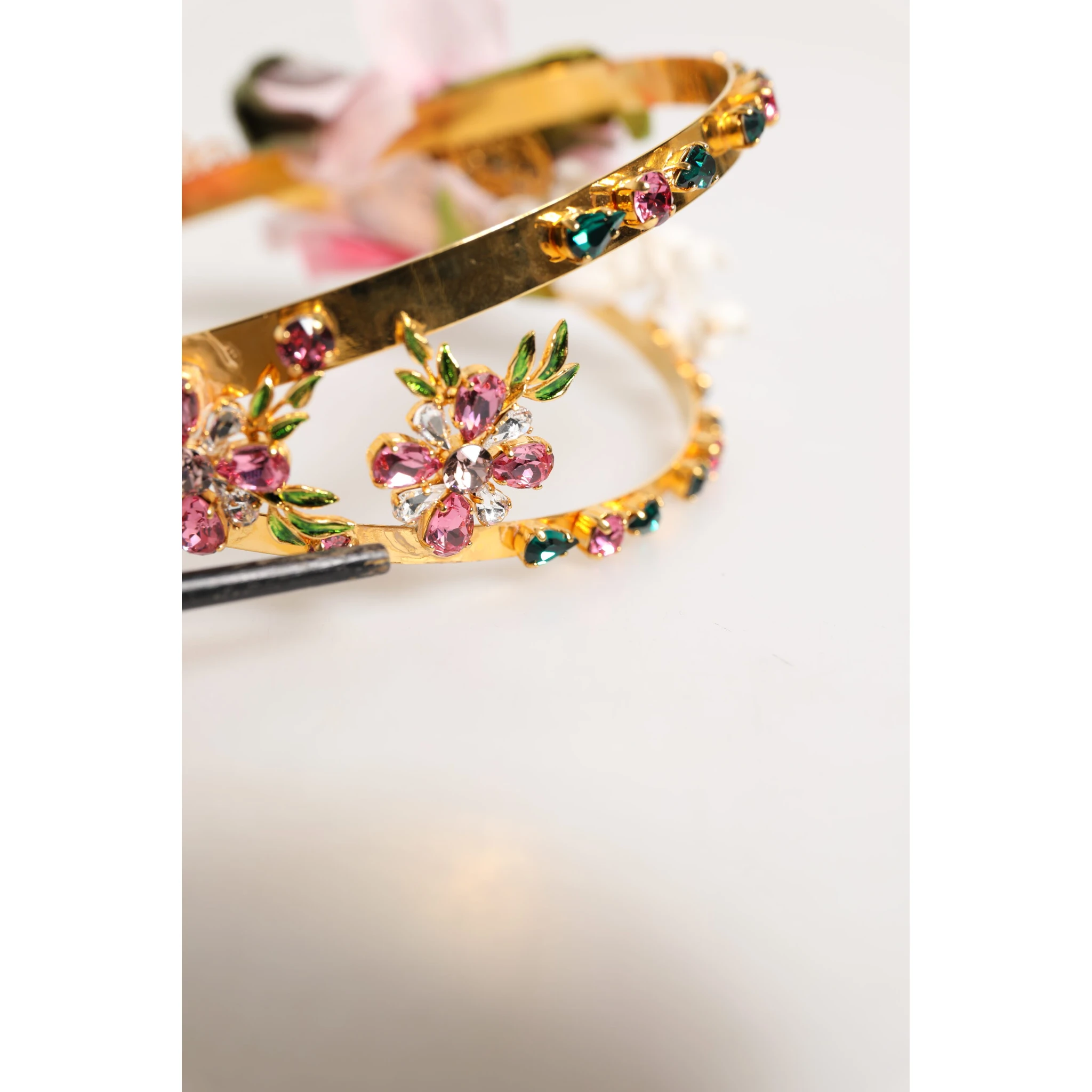 Gold Floral Tiara Pink Roses Crystal Crown Headband