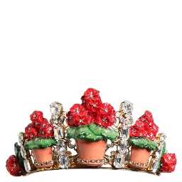 Red Floral Flowerpot Crystal Gold Crown Tiara Headband