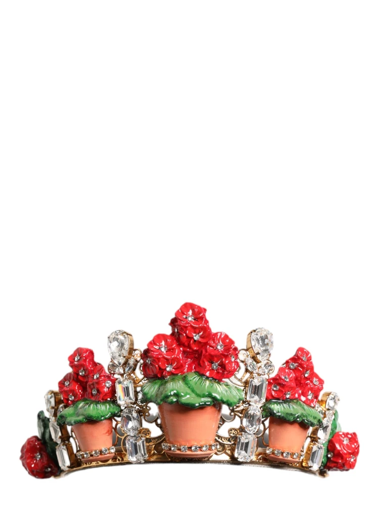 Red Floral Flowerpot Crystal Gold Crown Tiara Headband