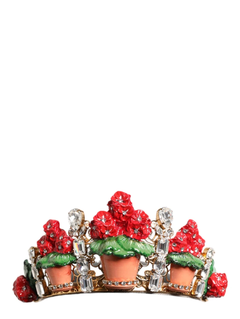 Red Floral Flowerpot Crystal Gold Crown Tiara Headband