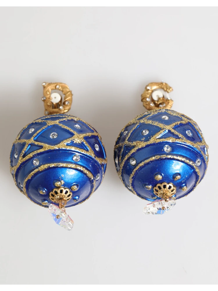 Gold Brass Blue Christmas Ball Crystal Drop Clip On Earrings