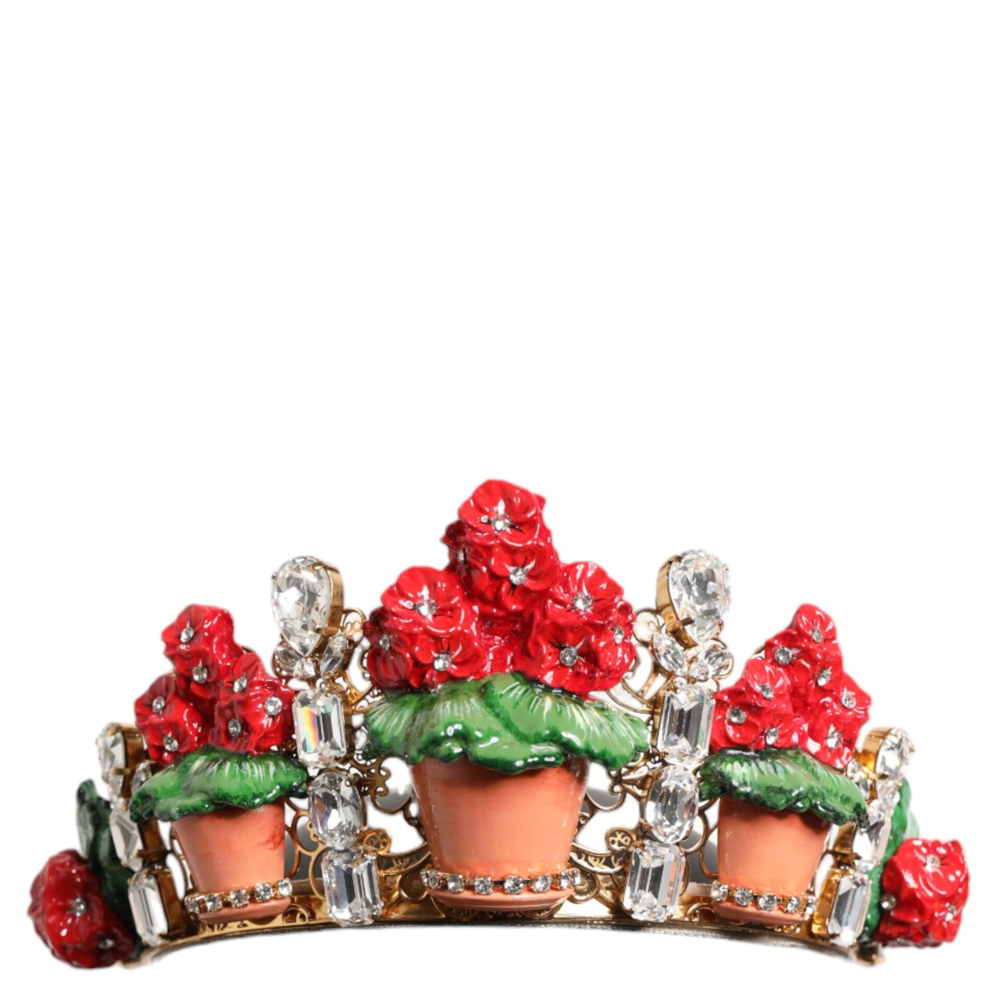 Red Floral Flowerpot Crystal Gold Crown Tiara Headband