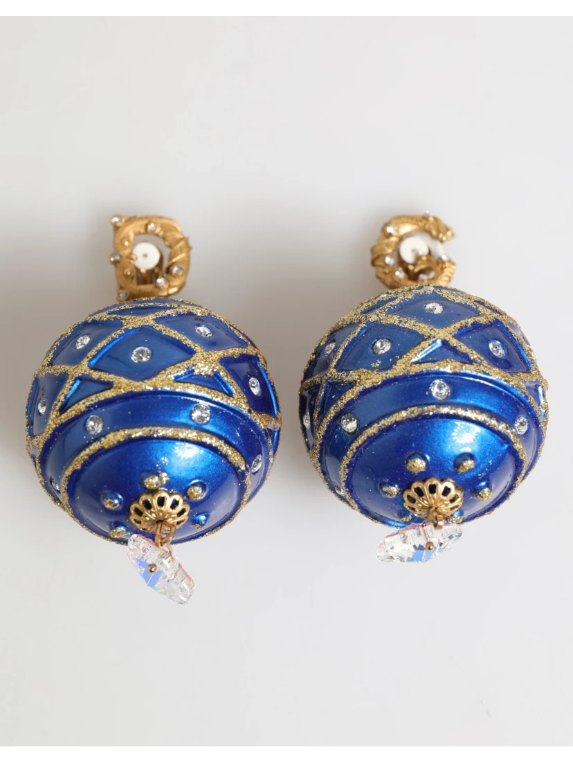 Gold Brass Blue Christmas Ball Crystal Drop Clip On Earrings