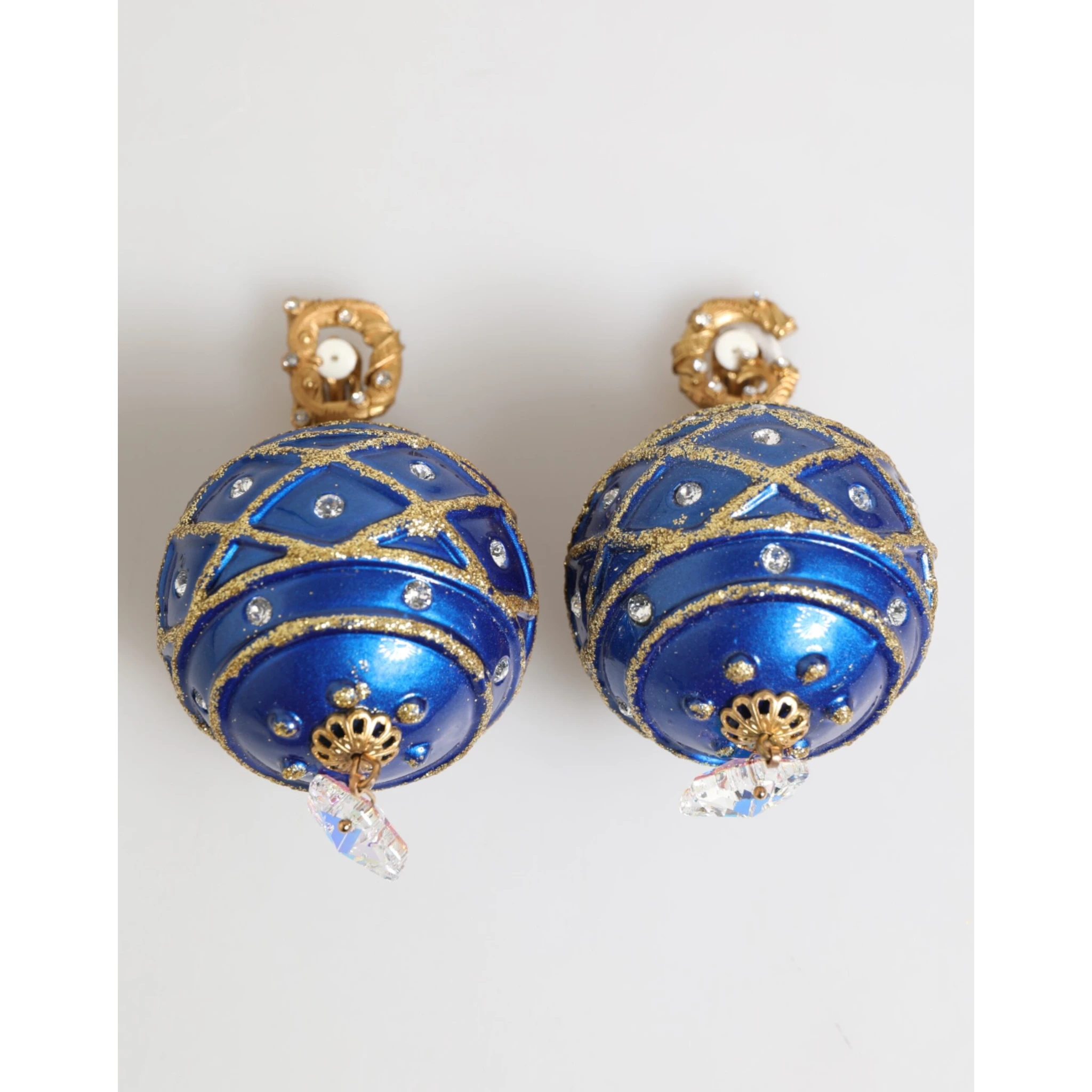 Gold Brass Blue Christmas Ball Crystal Drop Clip On Earrings