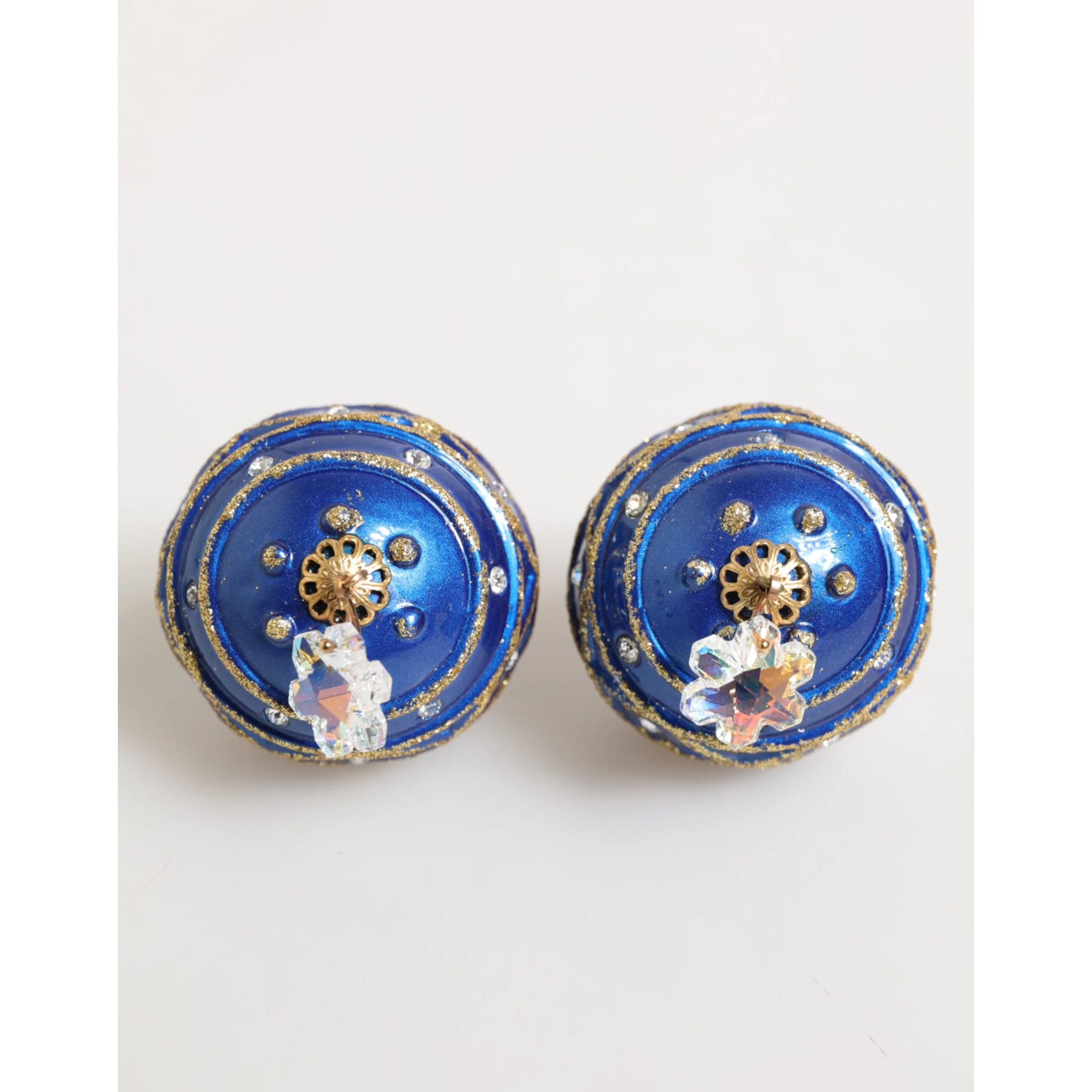 Gold Brass Blue Christmas Ball Crystal Drop Clip On Earrings