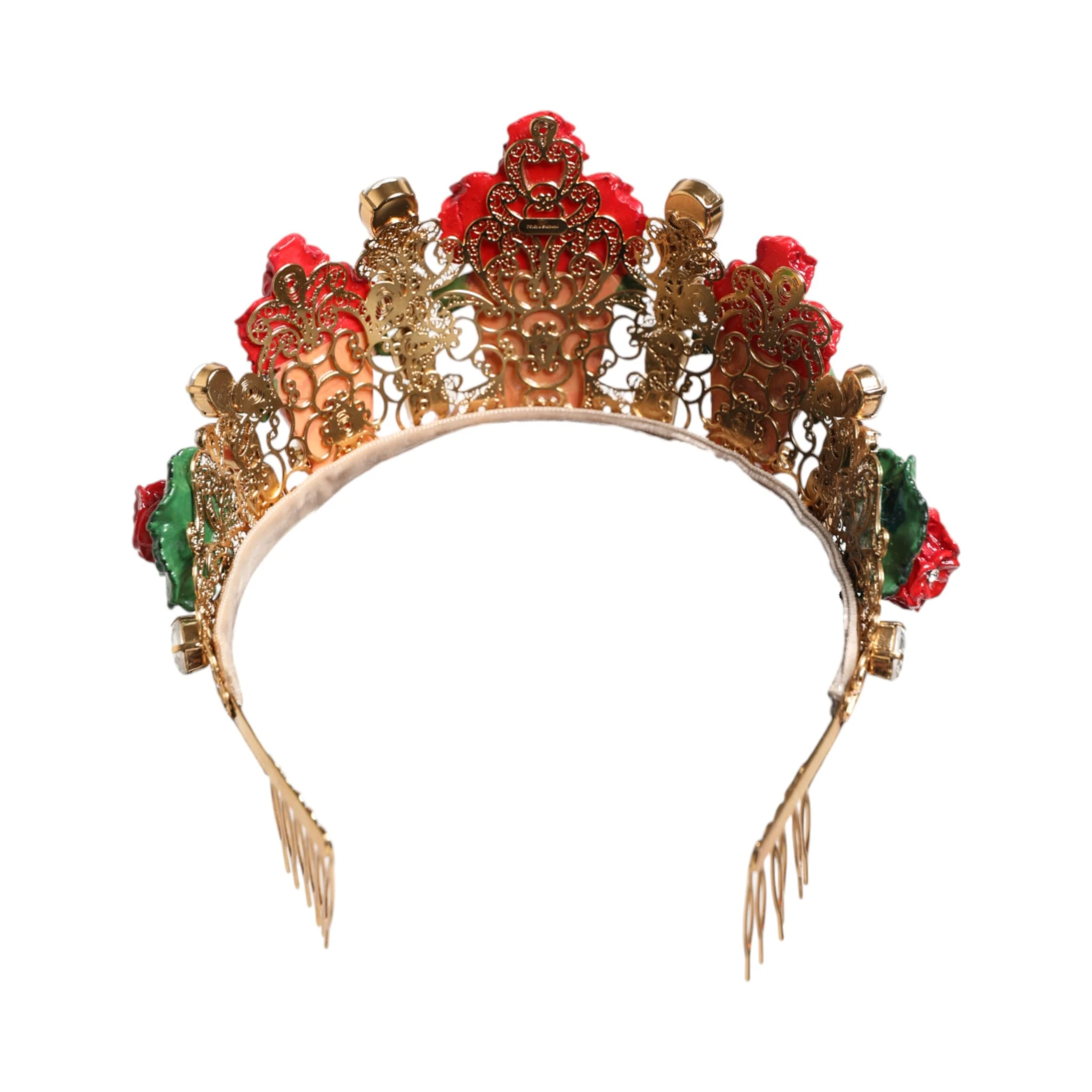 Red Floral Flowerpot Crystal Gold Crown Tiara Headband
