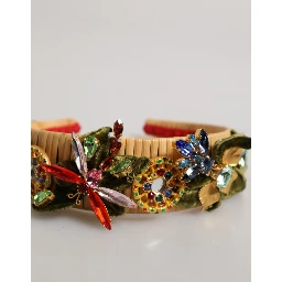 Multicolor Crystal Floral Gold Green Velvet Crown Headband