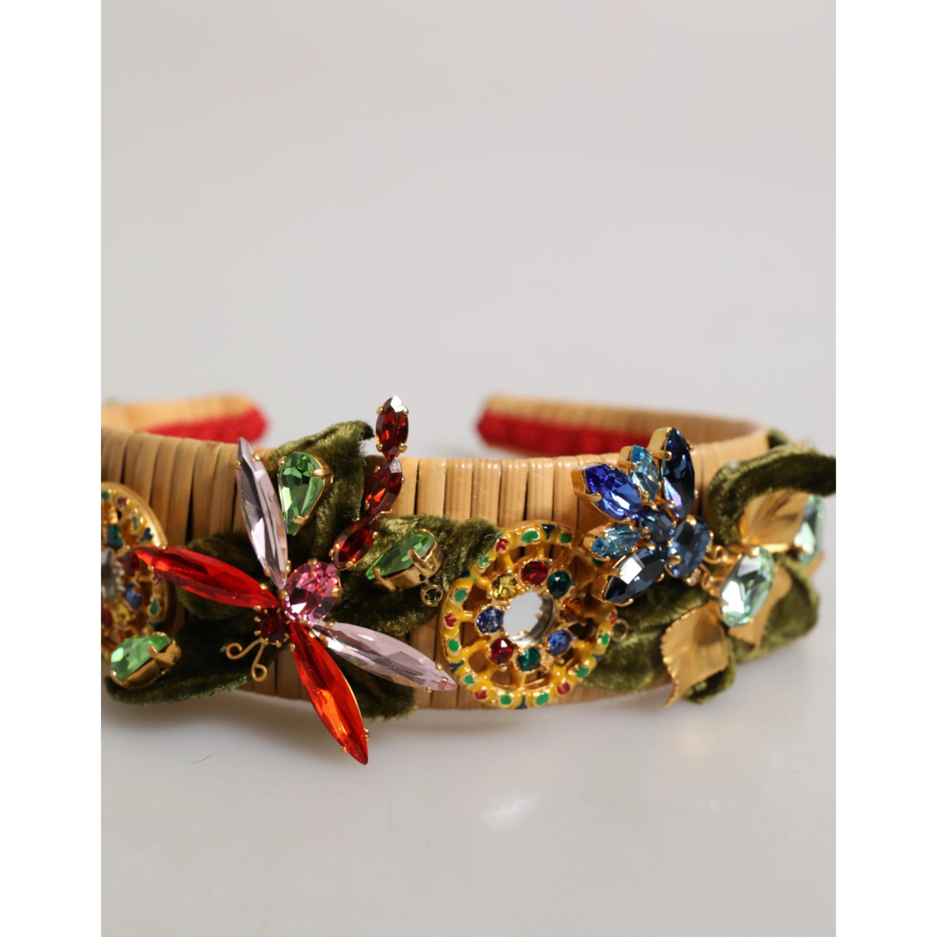 Multicolor Crystal Floral Gold Green Velvet Crown Headband